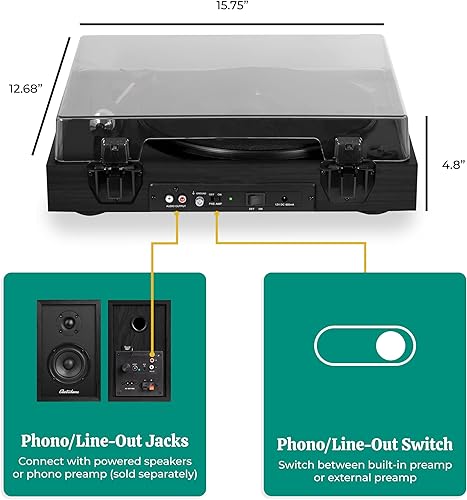 Miniatura 6 de Electrohome Montrose - Tocadiscos de vinilo inalámbrico de 2 velocidades, con lápiz óptico Audio-Technica, Bluetooth, grabación de vinilo a MP3,