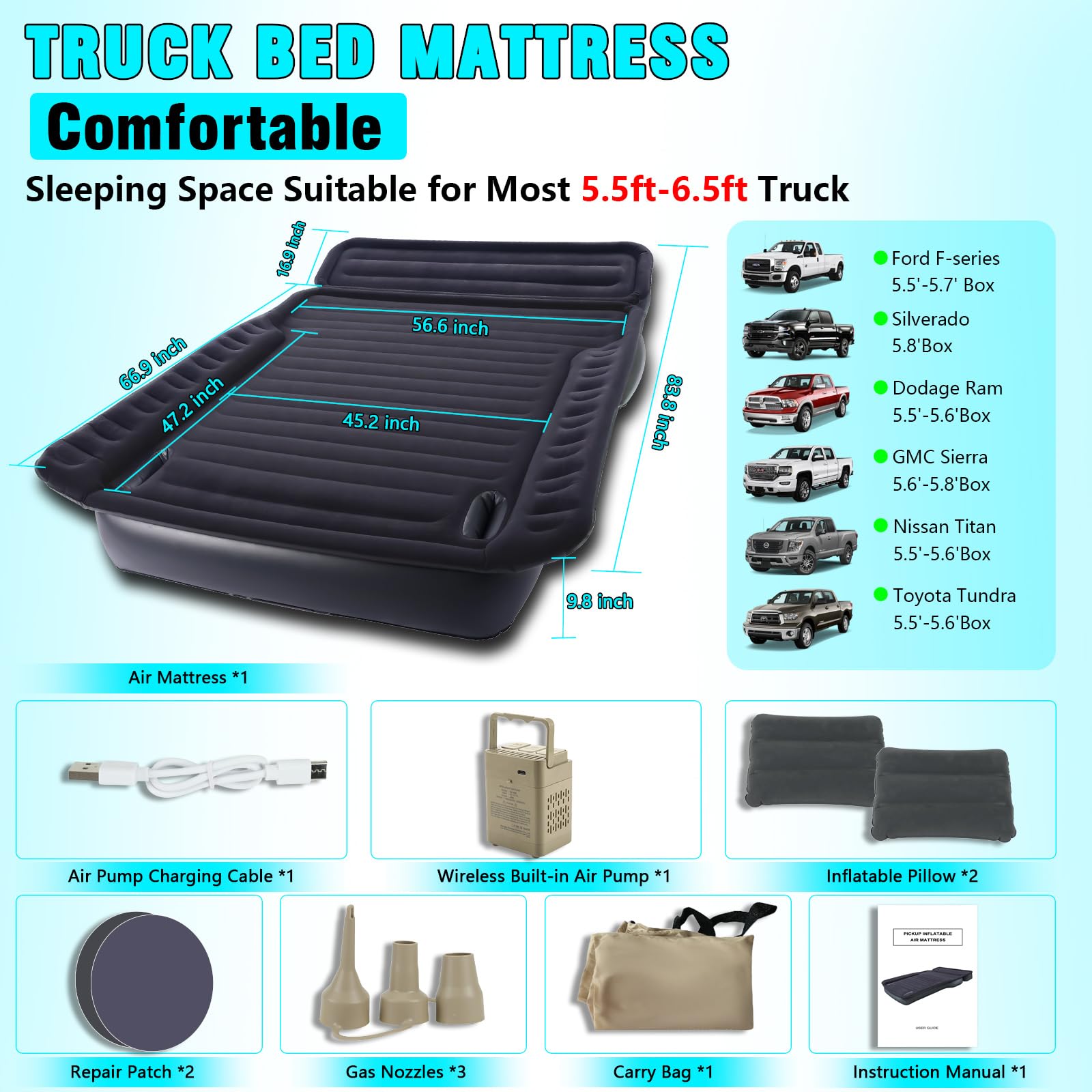JESTMOTOR Camping Pickup Truck Bed Air Mattress for 5.5-6.5FT, Full Size Self Inflating Air Mattress Queen with Built in Pump - Portable for Home,Truck Tent Accessories,with Trave Carry Bag