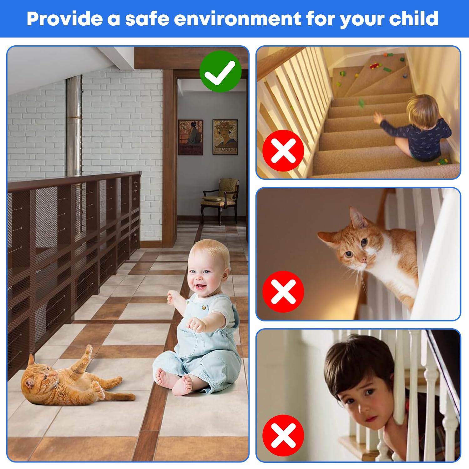 Rete di sicurezza per bambini, rete di sicurezza per scale per bambini, rete di protezione per ringhiere per scale, rete per scale e balcone per bambini Gatto(caffè, S 300 x 90 cm)