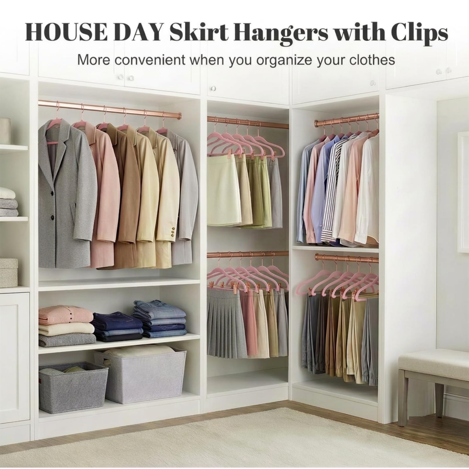 HOUSE DAY Perchas de Terciopelo con Clips, Paquete de 24 Perchas de Terciopelo ultrafinas Antideslizantes con Ganchos de Oro Rosa, Ahorro de Espacio, para Pantalones, Faldas, Jeans, Vestidos, Abrigos