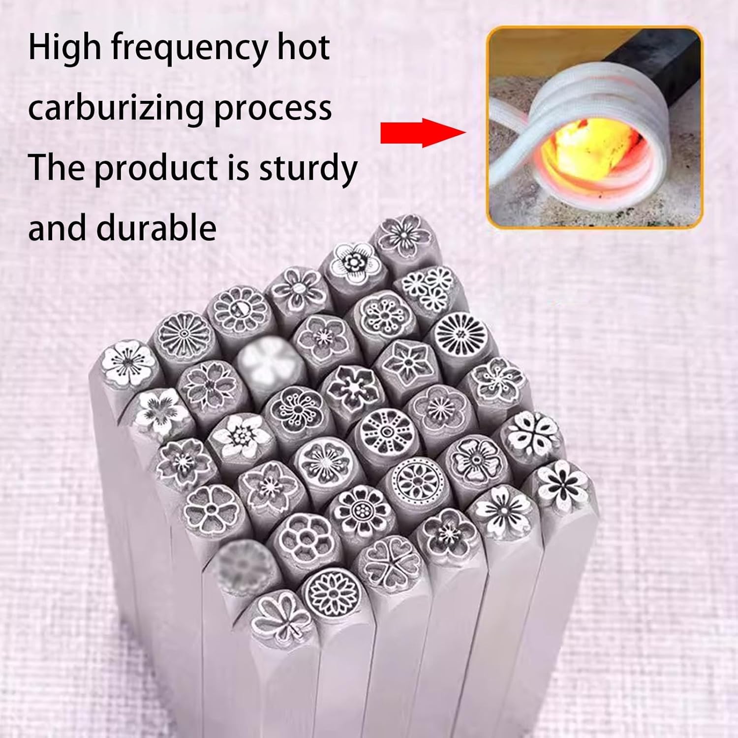 打刻印 金属 38ピース金属スタンピングスタンプツールセット、7mm花柄メインパターン彫刻モールド、炭素鋼