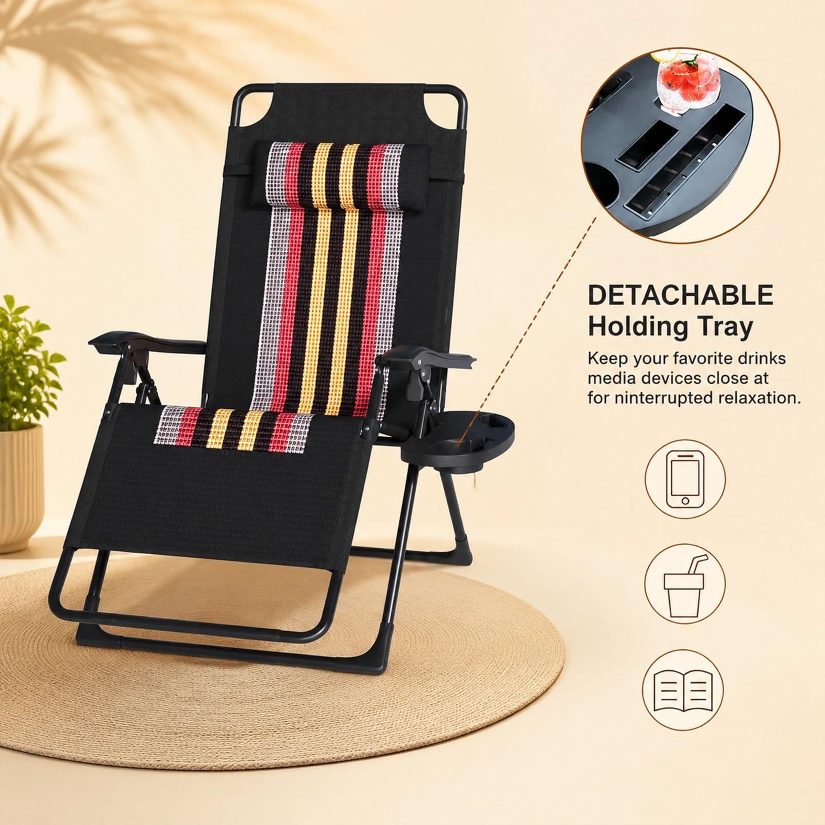 Sedia a sdraio pieghevole con cuscino per la schiena, ergonomica, schienale regolabile, per esterni, fino a 150 kg, sedia da giardino per giardino, piscina, balcone e terrazza (grigio-1 pezzo)
