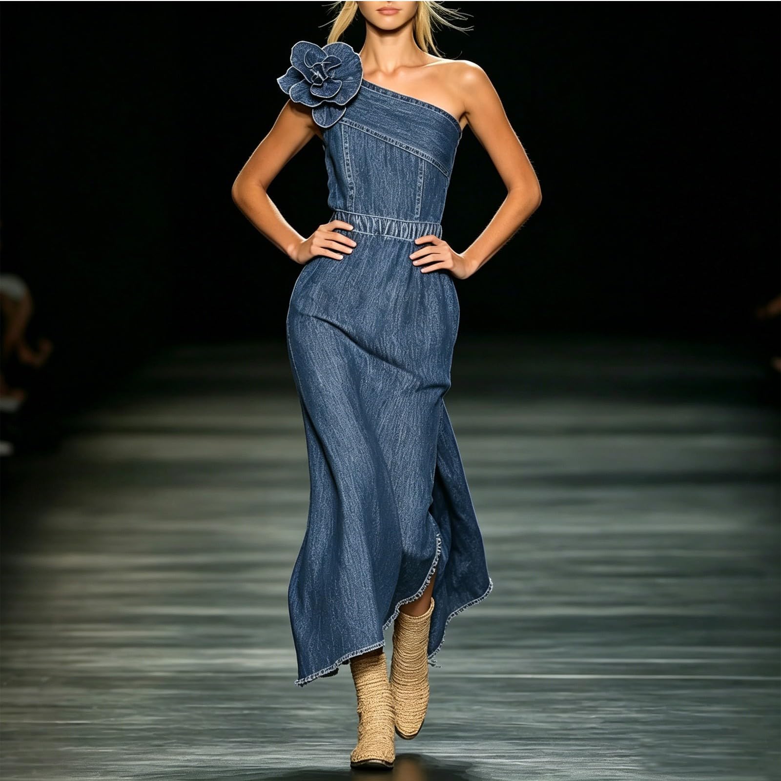 Elegante vestido casual con hombros descubiertos con estampado floral vestido largo de mezclilla en diseño moderno para mujer, ideal para uso diario, oficina o vacaciones