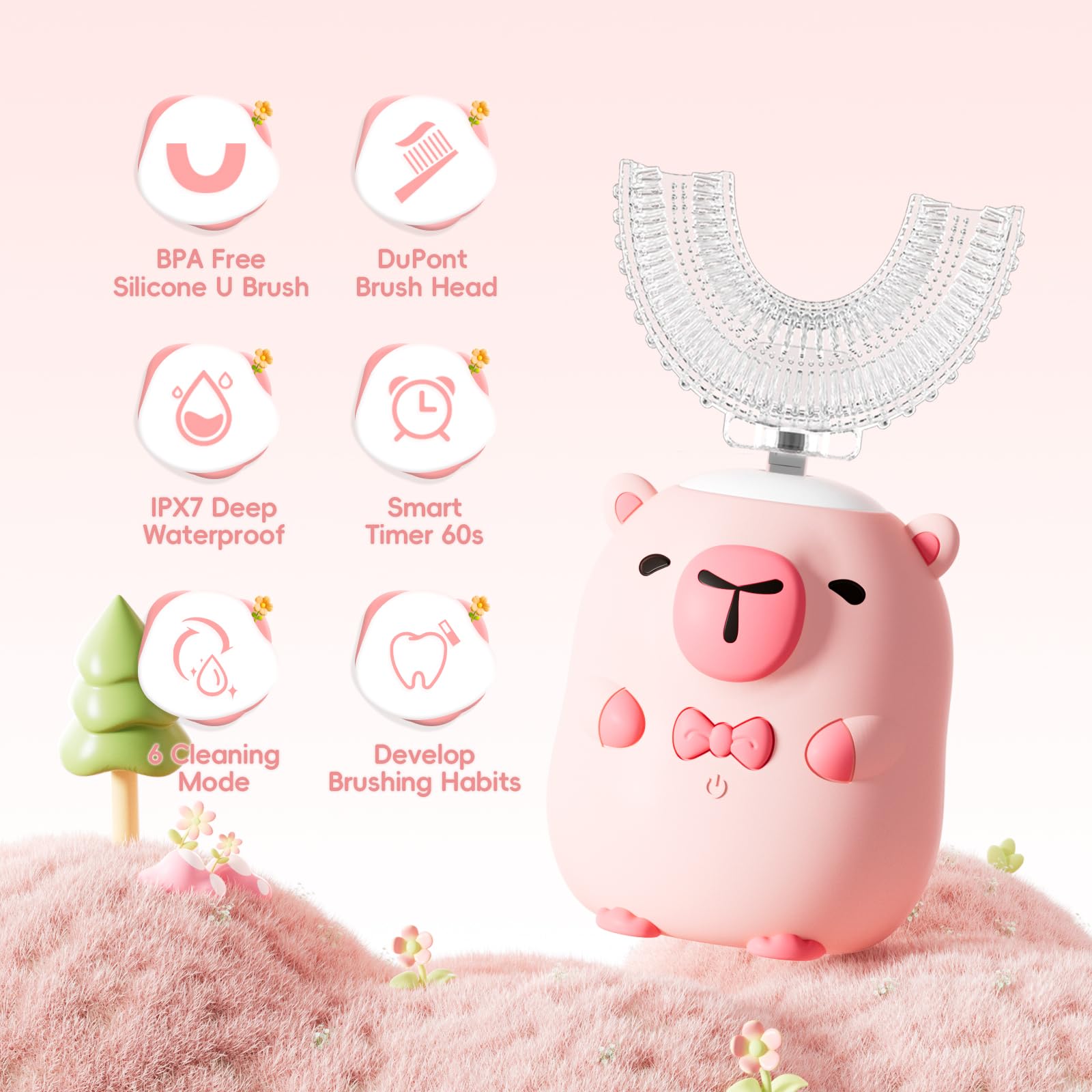 Spazzolino elettrico per bambini a forma di U - Cartoon Capybara con 6 testine | Spazzolino da denti automatico per bambini con grado di pulizia completa della bocca con IPX7 impermeabile (rosa, 2-14 anni)