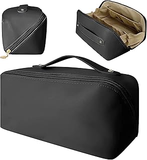 Relavel Large Capacity Travel Cosmetic Bag, Travel Makeup Bag with Handle and Divider,Waterproof Portable PU Leather Large Cosmetics Bag,Multifunctional Storage Toiletry Bag for Women, Black, 1