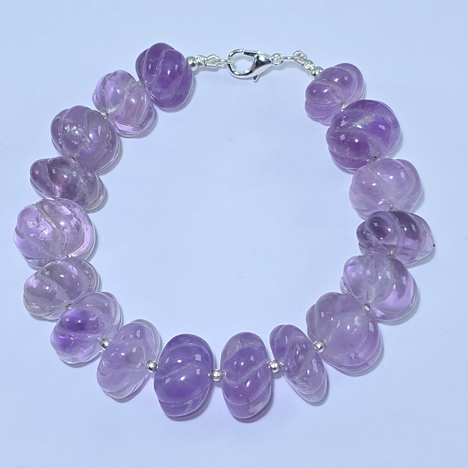 Natural amethyst gemstone 16x12-12x9mm stacking bracelet | 7 inch | purple color, pumpkin shape, carved cut, stone | with silver plated clasp | handmade jewellry |WW_ESK_00183