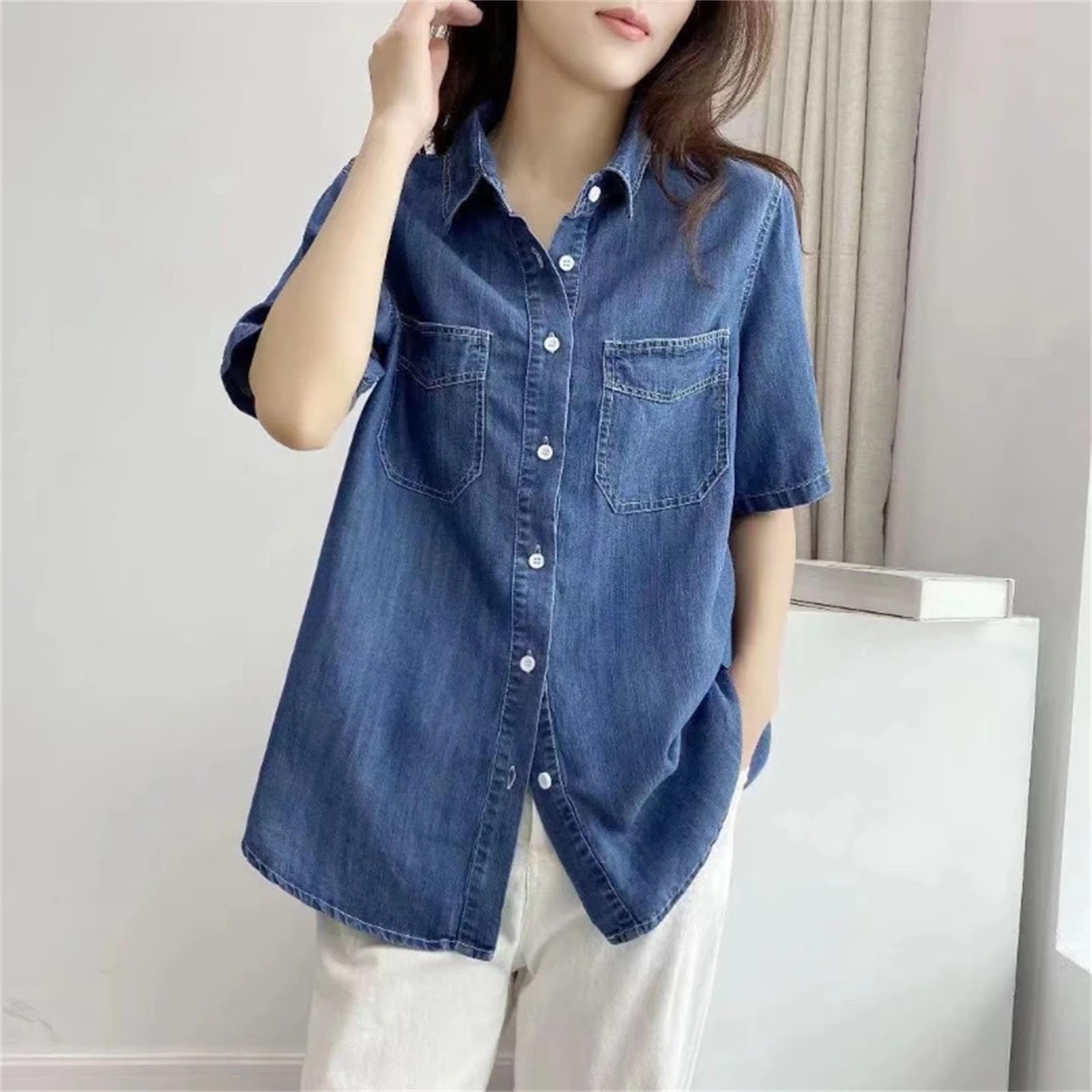 Camicia da donna in denim di cotone, collo con risvolto, maniche corte, vestibilità ampia, controllo della pancia, top casual