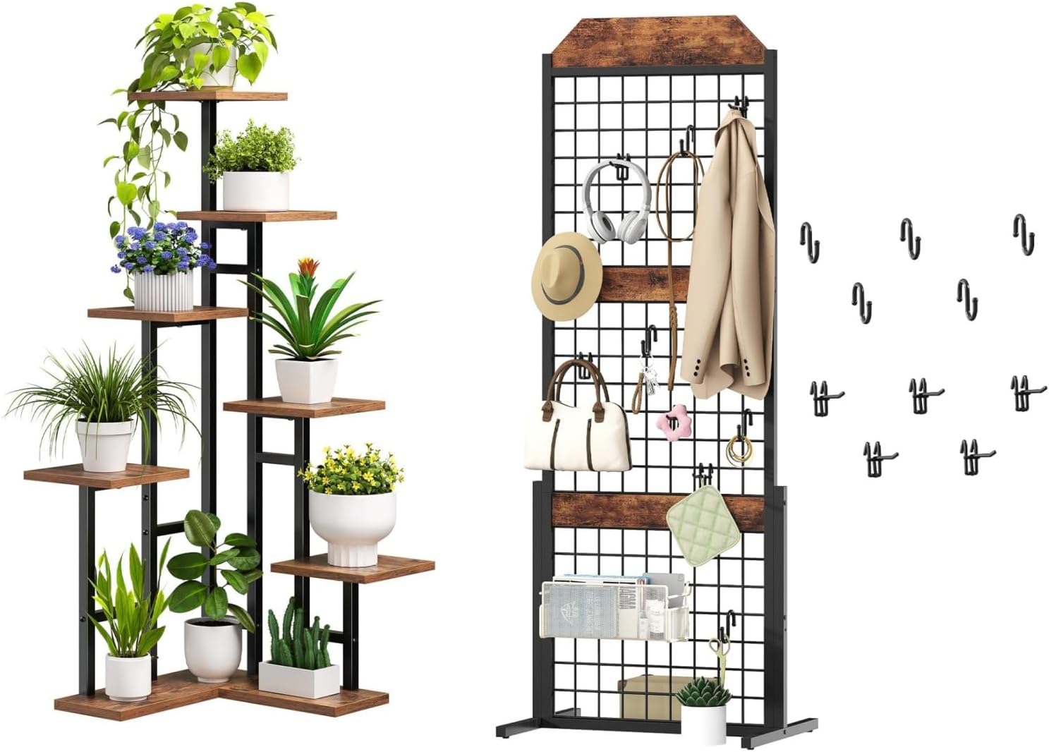 HOOBRO Corner Plant Stand Indoor and Gridwall Panel, 7-Tier Plant Shelf for Multiple Indoor Plants, Grid Display Rack, Gridwall Panel Display Stands with 5 Garment Hooks & 5 S-Hooks, BF01HJ01-BF45DC01