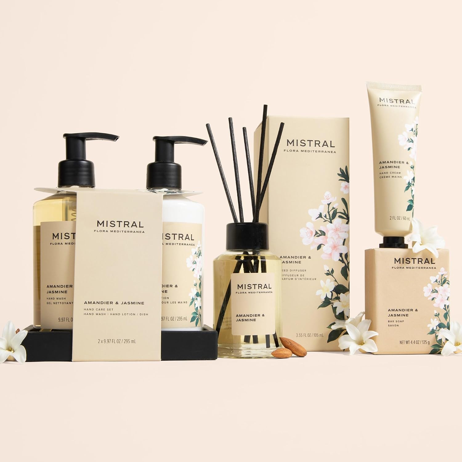 Mistral Amandier & Jasmine Reed Diffuser – Luxury Almond Blossom & Jasmine Scent Diffuser for Home, Office, Bathroom | 100% Oil-Based & Alcohol-Free, Long-Lasting, with Natural Reed Sticks (3.5 fl oz)