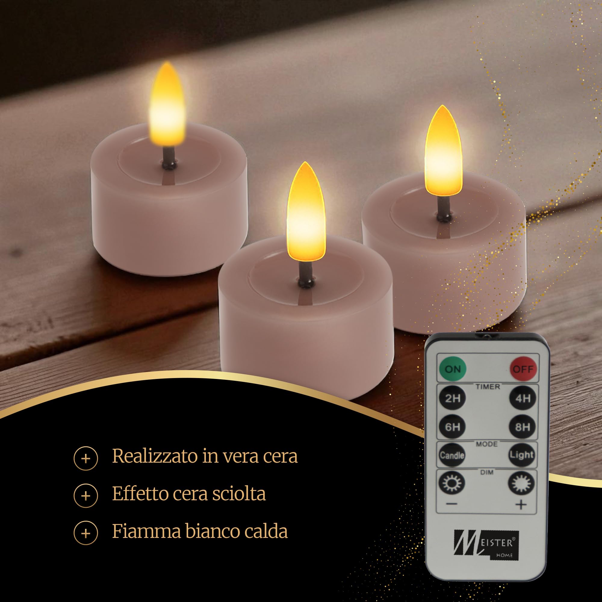 Meisterhome Set di 12 lumini a LED, senza fiamma, con luce tremolante, Ø 4,5 cm, altezza 2,5 cm, vera cera, con timer e telecomando, funzionamento a batteria, luce bianca calda