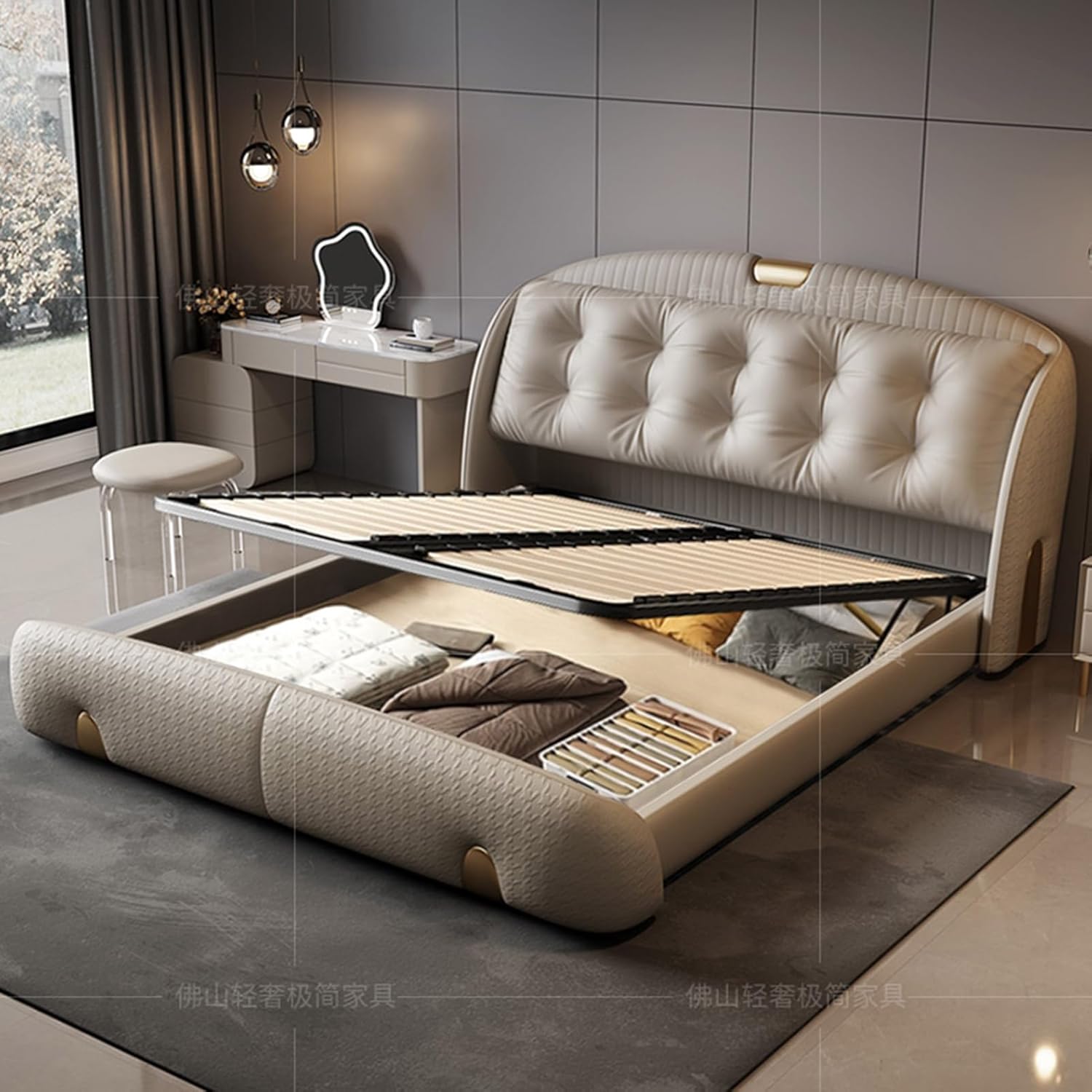 Modern Leather Light Luxury Wooden Slats Support Upholstered Platform Bed with Heavy Duty Wooden Slat Support Noise-Free