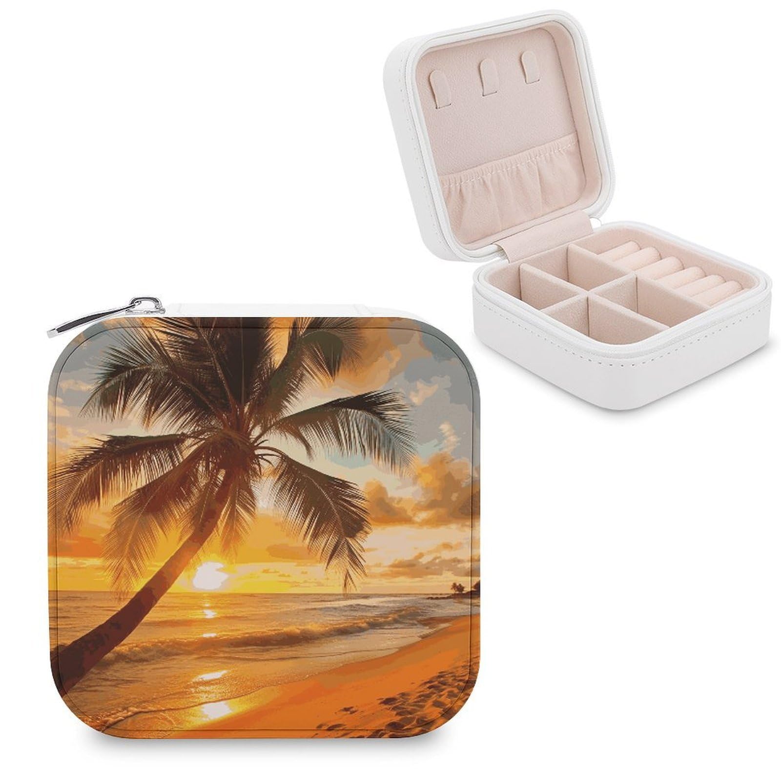 MUSM Tropical Beach Palm Tree Sunset Travel Jewelry Case Personalized PU Leather Jewelry Boxes for Women Small Portable Jewelry Organizer Box Cute Trinket Box for Necklaces Rings Earrings & Gifts