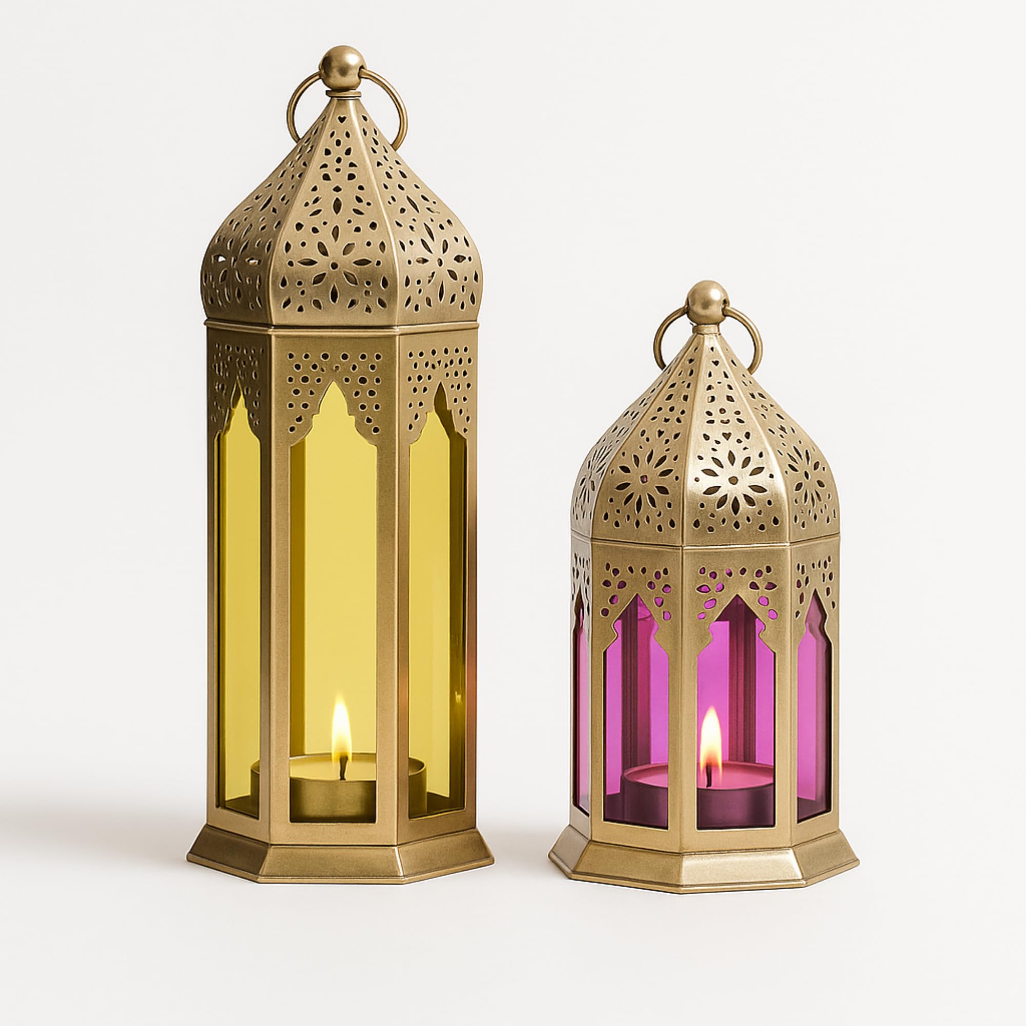 Set of 2 Moroccan Tealight Lanterns | Premium Gold Metal (Rust-Proof) with Colored Glass (Yellow & Pink) | Slide-in Tray Lock | Hanging & Table Décor | Diwali Home Decoration & Gifting-image-43