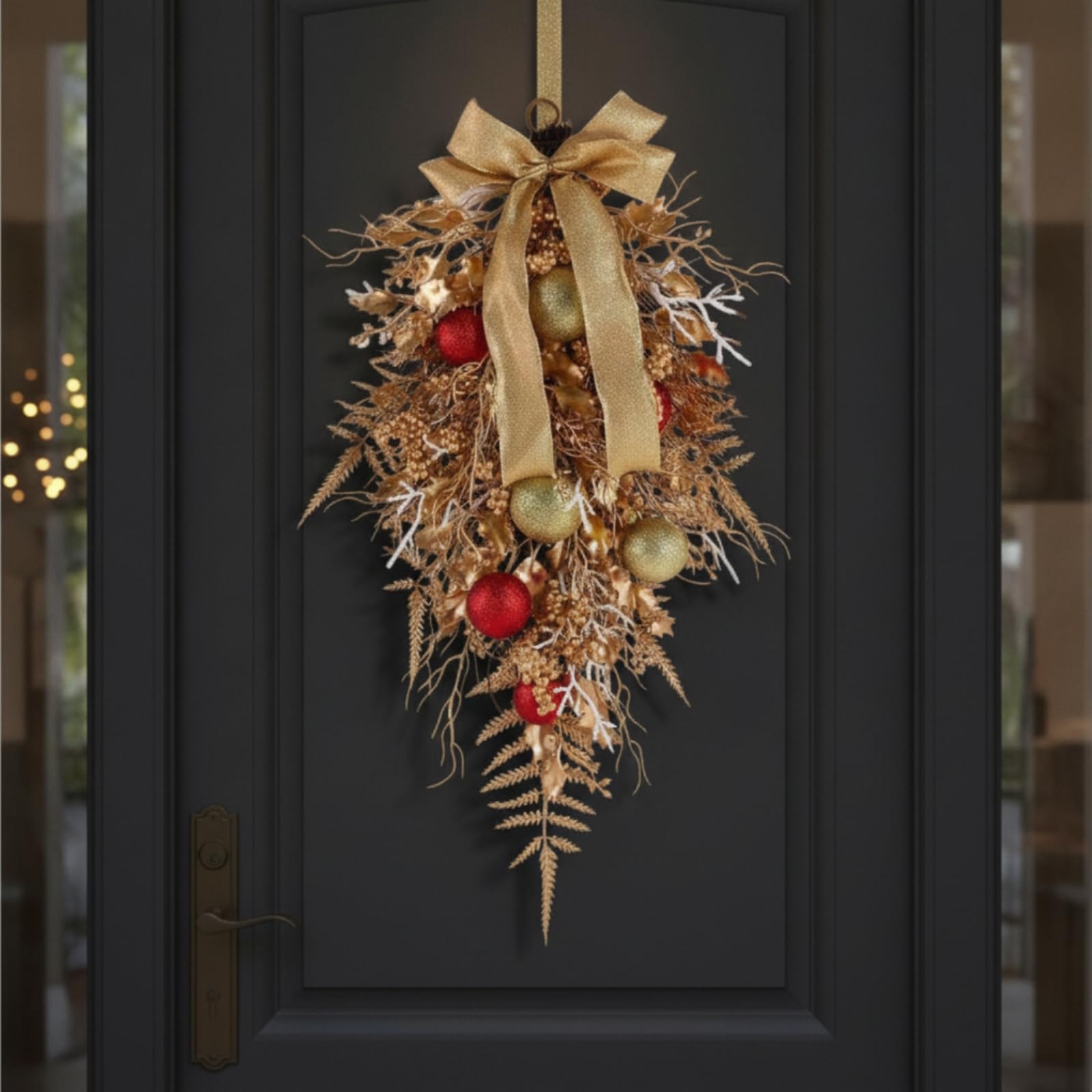Adorno Navideño Colgante Dorado Guirnalda Lazo Ornamento Decoración Plástico Ligero con Diseño Invertido y Lazo Grande Adecuado para Puerta Pared Entrada Sala Escaparate