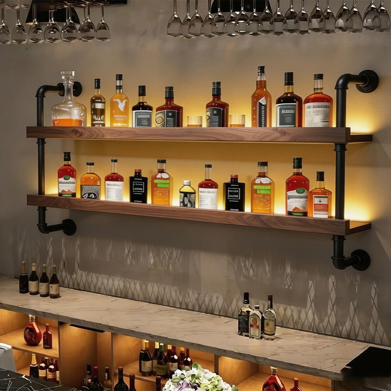 Wall Mounted Wine Rack with LED Light - 2-Tier Solid Wood Industrial Rustic Floating Shelves, Bottle Storage Organizer for Kitchen, Bar, Pub, Cellar, Home Bar (Walnut, 2-89cm/35in)