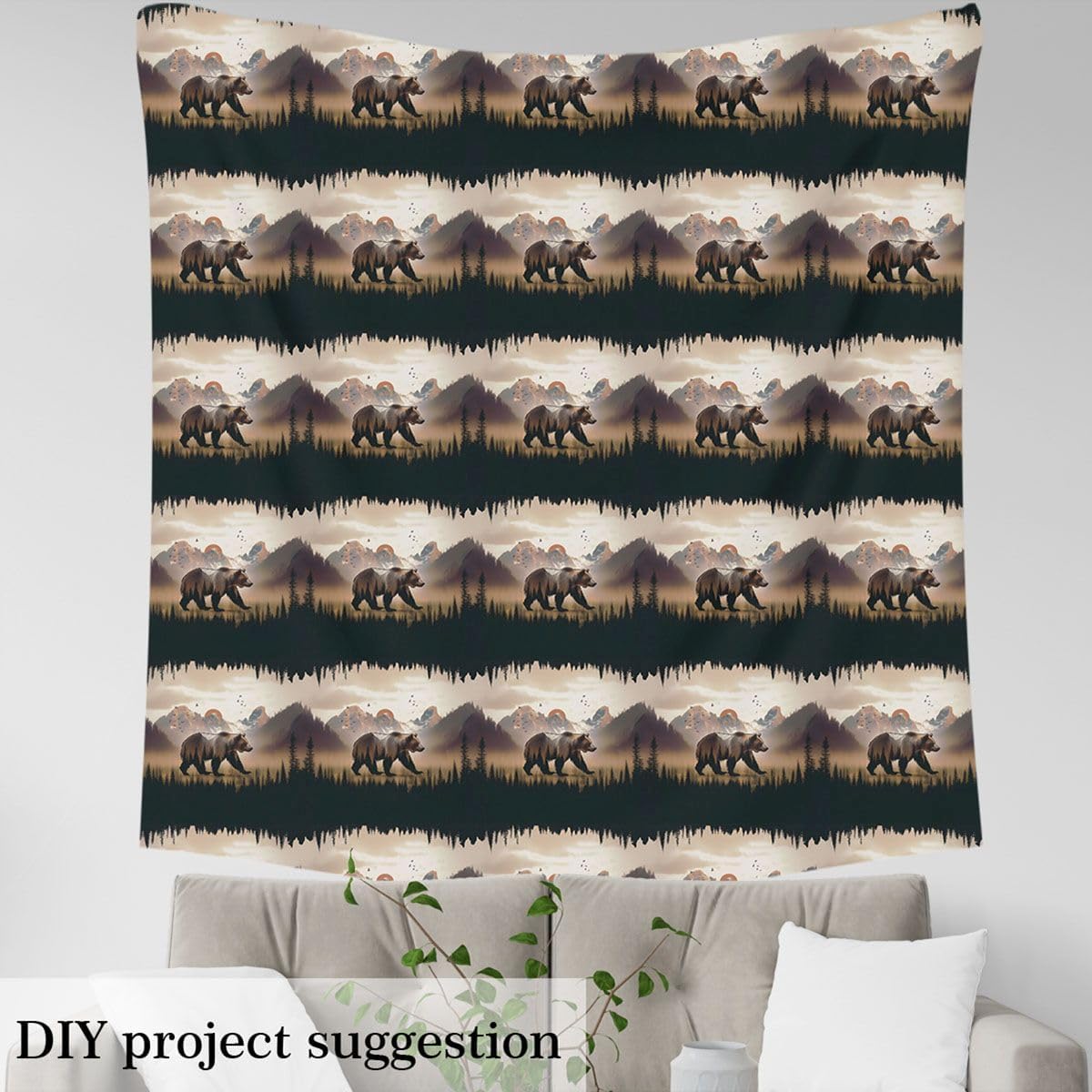 Erosebridal Bear Fabric by The Yard Woods Waterproof Outdoor Fabric Silhouette Sunset Mountains Birds Upholstery Fabric Woodland Farmhouse Hunting Decor Fabrics, 2 Yards