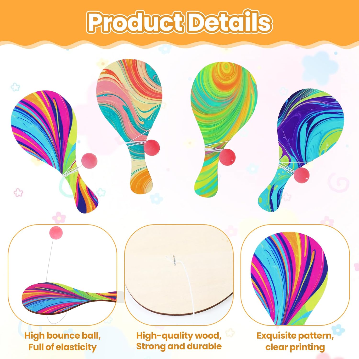 Psychedelic Paddle Ball Set of 16 – Vintage Wooden Paddle Ball with String | Retro 90s Party Favors, Carnival Prizes & Fun Desk Game for Adults – Indoor Outdoor Game image 3