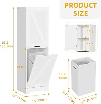 DWVO Tilt Out Laundry Hamper - 53 Tall Bathroom Storage Cabinet Laundry Cabinet with Adjustable Shelves and Clothes Basket, Hamper Cabinet Shelf for Laundry Room Bathroom Organizer, White