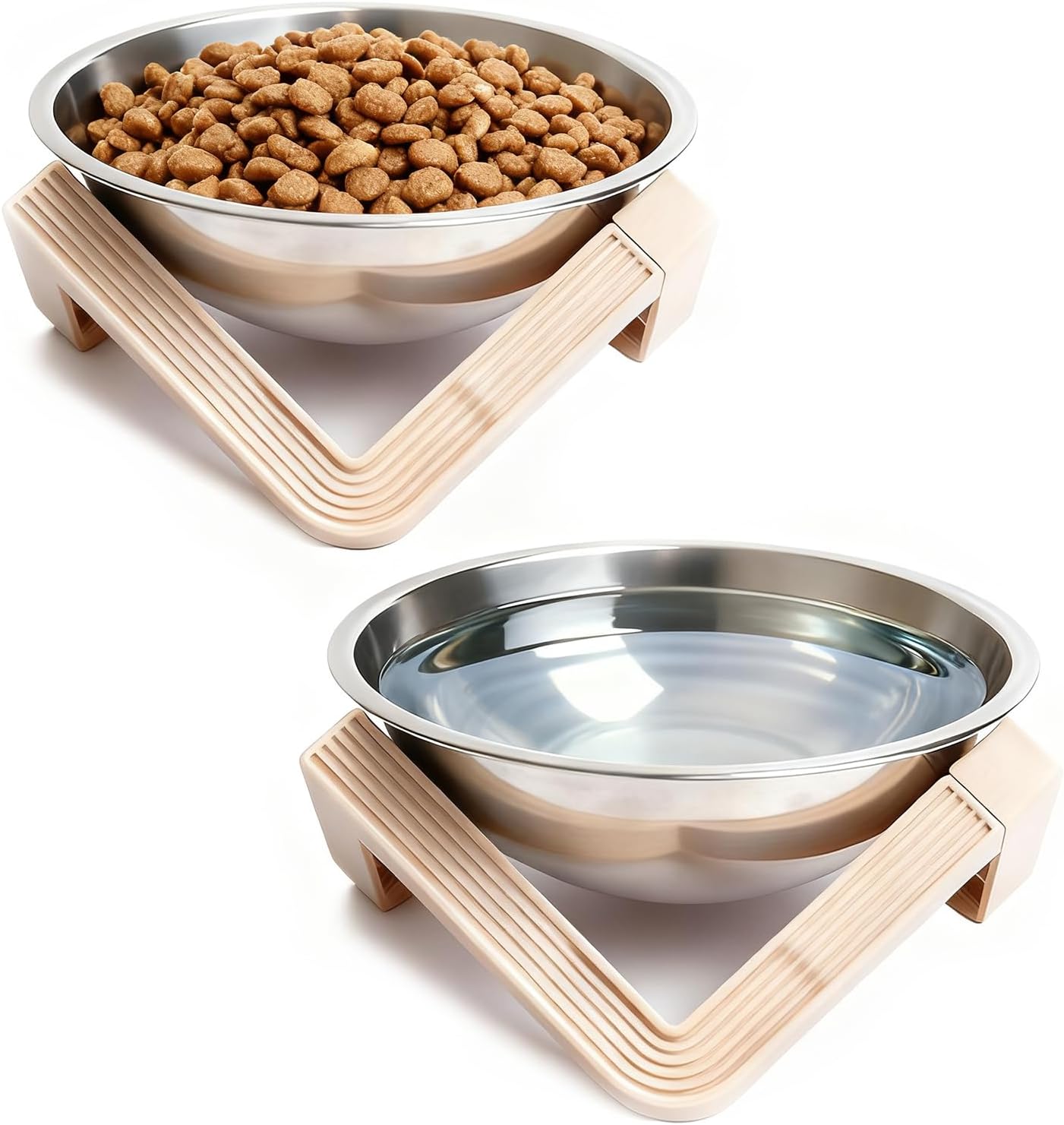 Elevated Cat Bowls for Food and Water, 2Pcs Raised Cat Food Bowls with Stand, 15° Slanted Stainless Steel Pet Dishes, Anti-Vomit Neck Protection Dog Water Bowls for Cats, Puppies