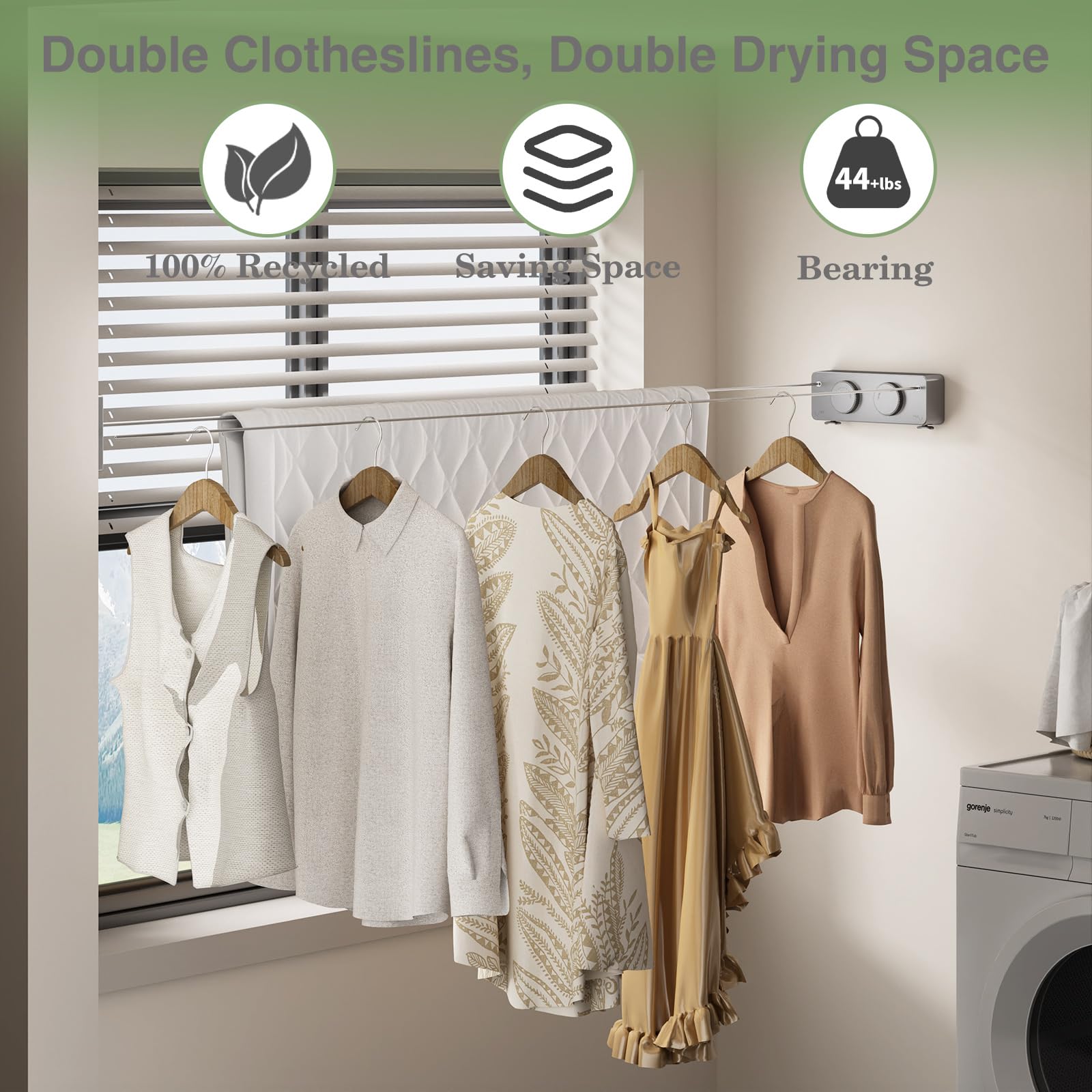 Danpoo Tendedero retráctil, perilla ajustable anticaída, resistente al desgaste, para interiores y exteriores, con alambre de acero inoxidable de 2 x 14 pies, soluciones de secado de pared de