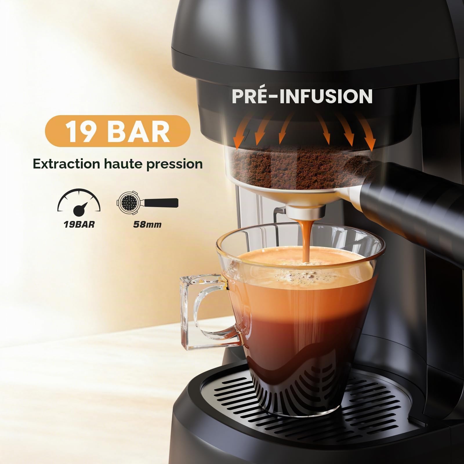 RECAFIMIL Machine à expresso 19 bars avec moulin à haricots, machine à café 2 en 1 pour café moulu, cappuccino et latte avec mousseur à lait, écran tactile, réservoir d'eau amovible (noir)
