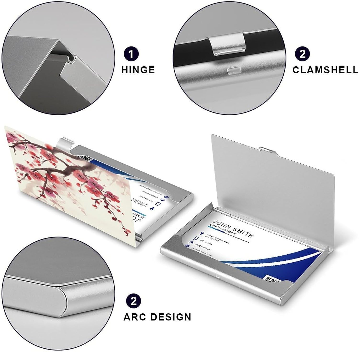Japanese Spring Plum Floral Business Card Holder Aluminum Alloy Cards Case Flip Cover Slim Name Card for Men Buckle Style Shut Professional Cards Case for Office Workers