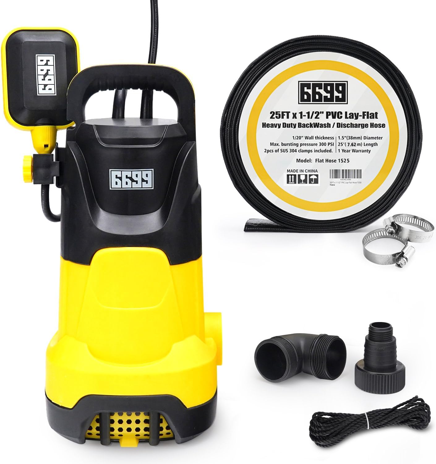 1.5 HP Submersible Water Pump and 25FT x 1-1/2” PVC Lay Flat Discharge Hose Draining Sump Pump Kit Easy to Use for Removing Clean/Dirty Water from Pool Pond Flooded Basement Rain Barrel