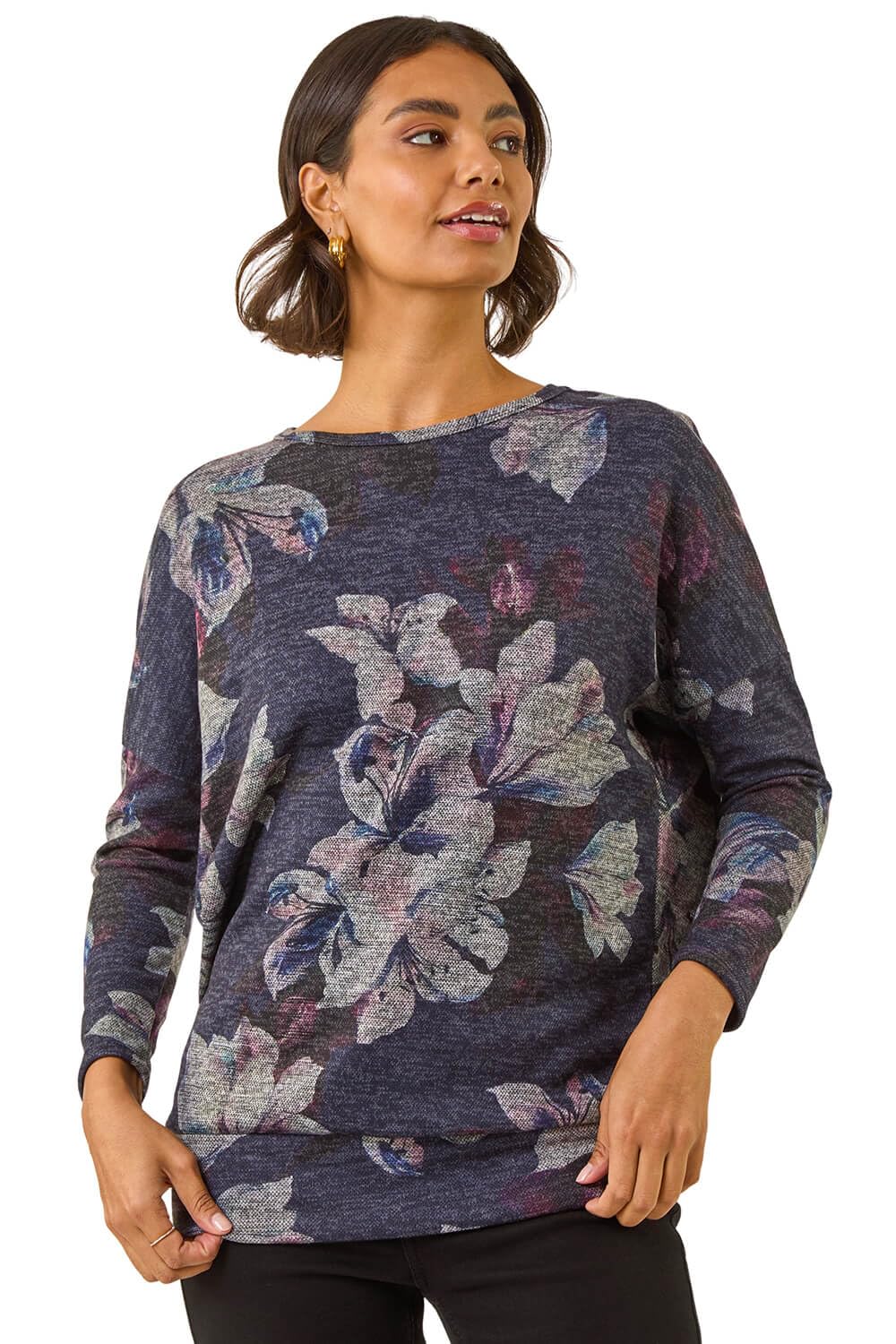 Roman Originals Women's Purple Floral Roman Blouson Top For Uk Drop Shoulder Long Sleeve Jersey Stretchy Oversized Casual Office Jumper Soft Everyday Sweater Lounge Sweatshirt Blouses - Size 20