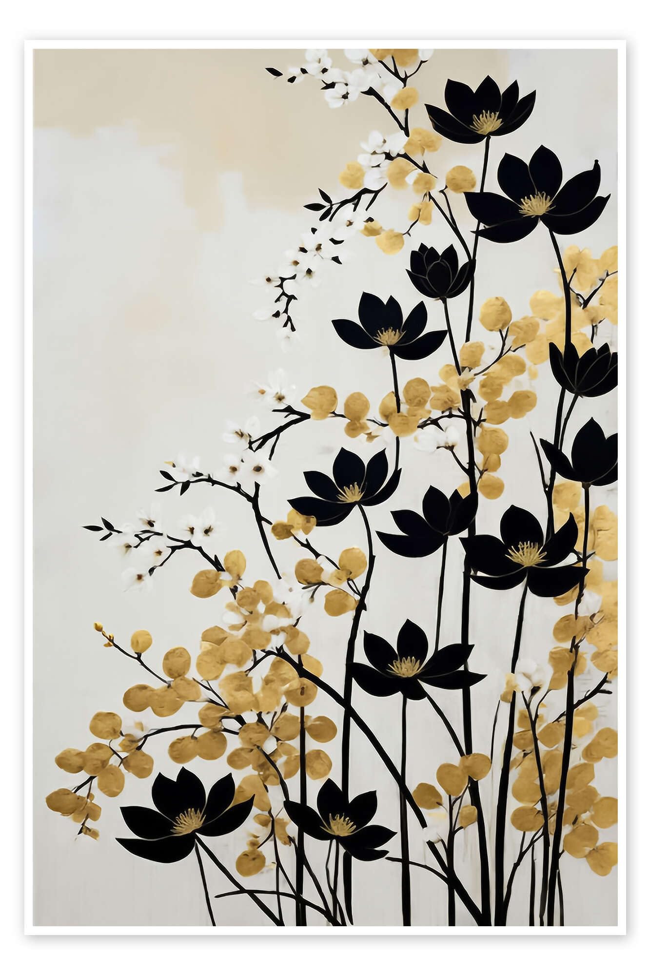 Black Flowers Plakat | 100 x 150 cm Mango Art Złoty Obrazy Dekoracja ścienna