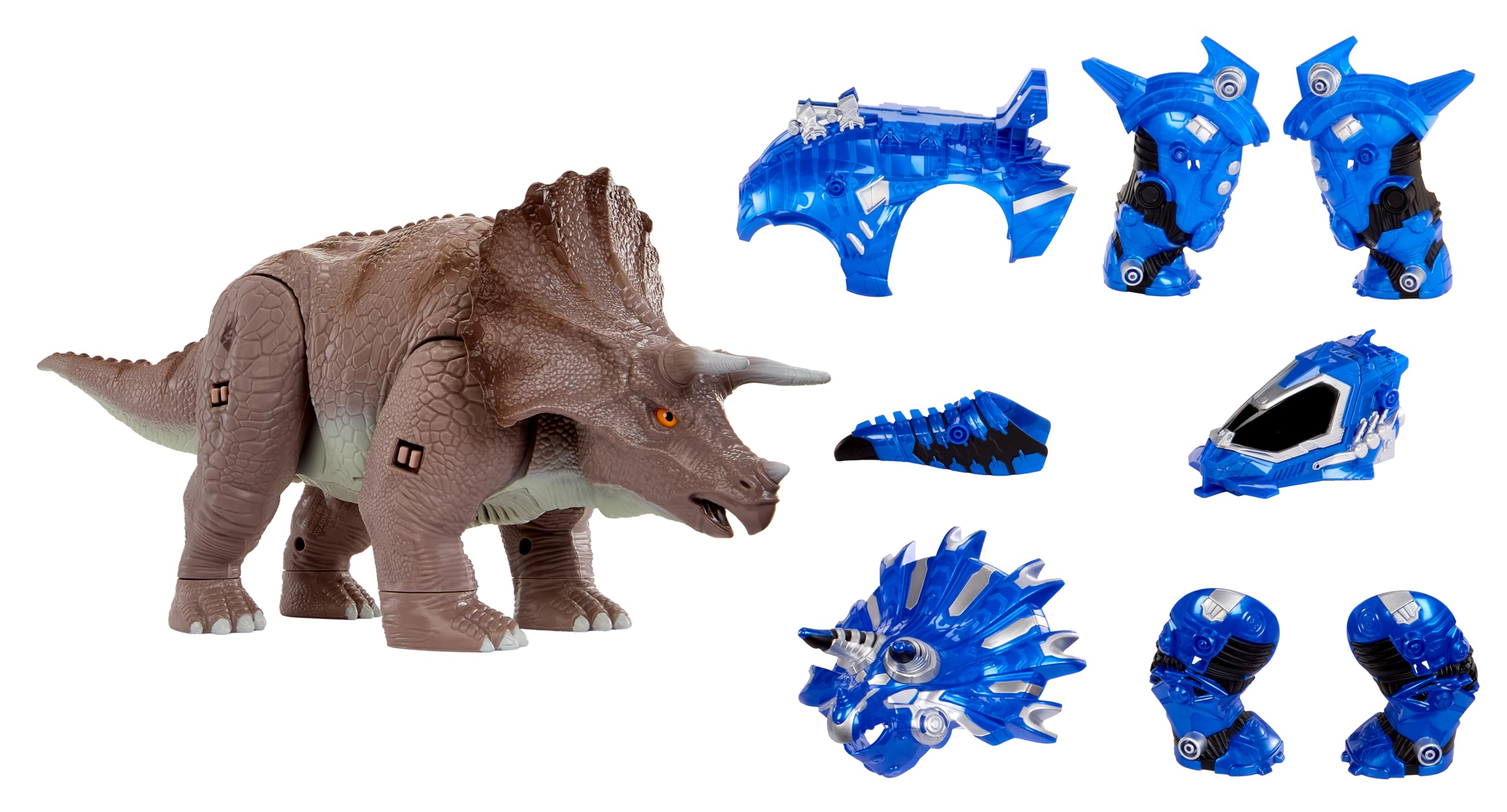 Armor-Up Triceratops dinosauro Cobalt - Action figure, 7 pezzi di armatura rimovibili con azione “morso” attivata dalla coda, adatto a bambini dai 6 anni in su