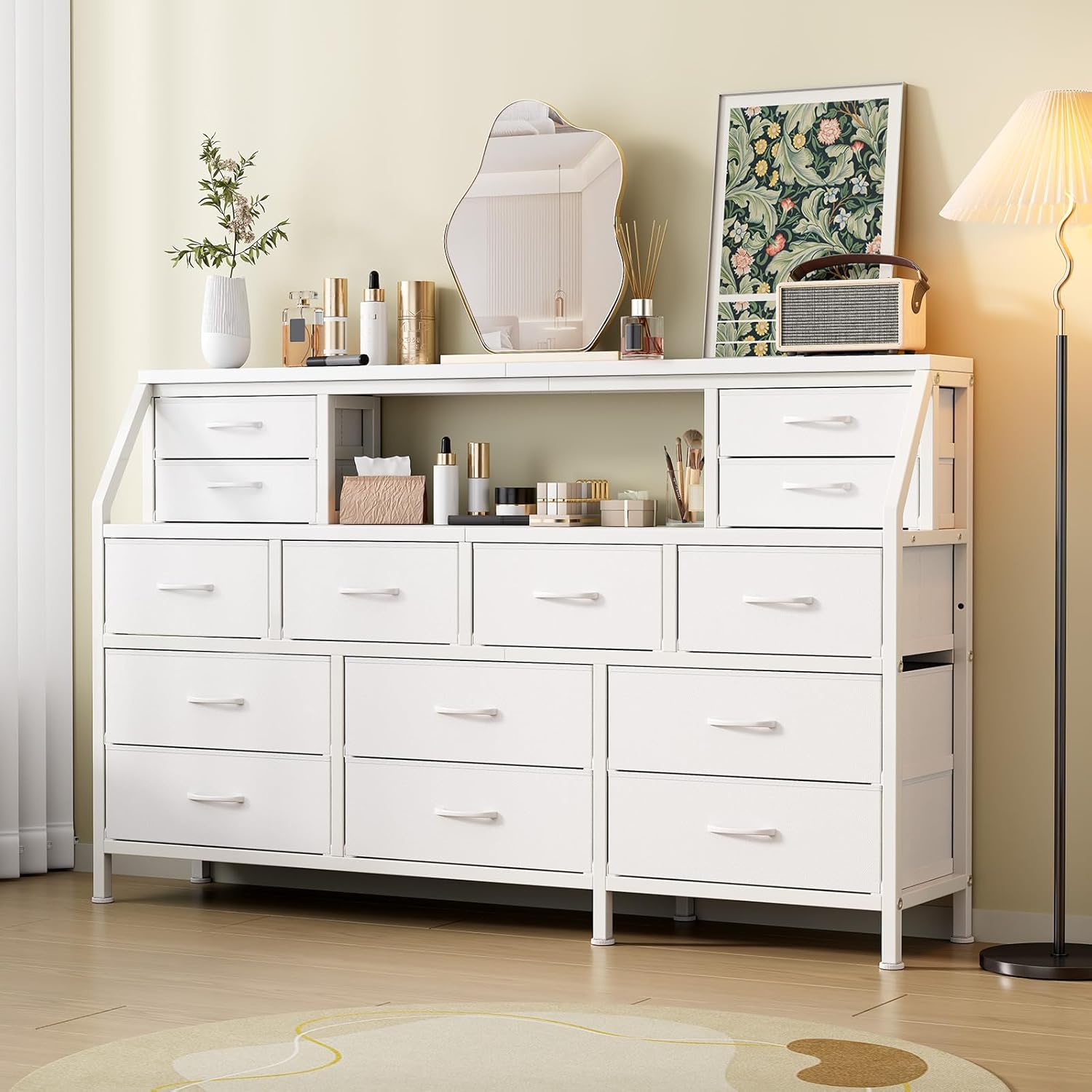 55" W Dresser for Bedroom with 14 Drawers, Chest of Drawers with Open Shelf, Fabric Storage Tower with Metal Frame & Wood Top, TV Stand Organizer for Clothes & Accessories (White PU)