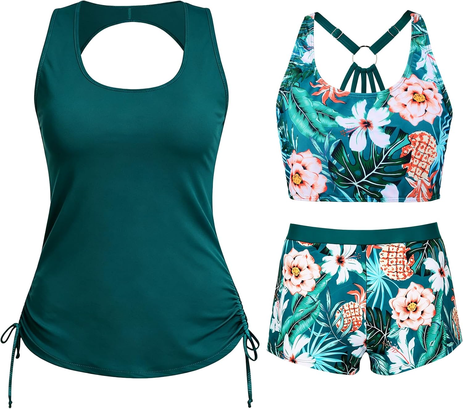 3 Piece Women Tankini Bathing Suit, Tummy Control Full Coverage Quick Dry Modest Swimwear with Sports Bra & Boyshort Shorts