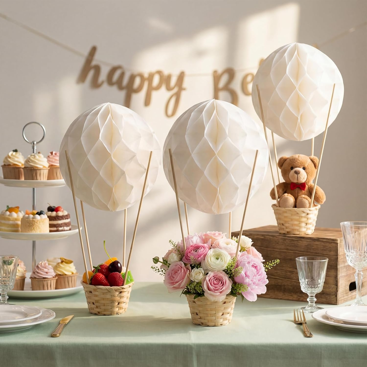 Wettarn 24 Pack Hot Air Balloon Table Centerpieces Party Decorations DIY Paper Lanterns Woven Baskets with Sticks for Baby Shower Gender Reveal Birthday Wedding Decor(White)