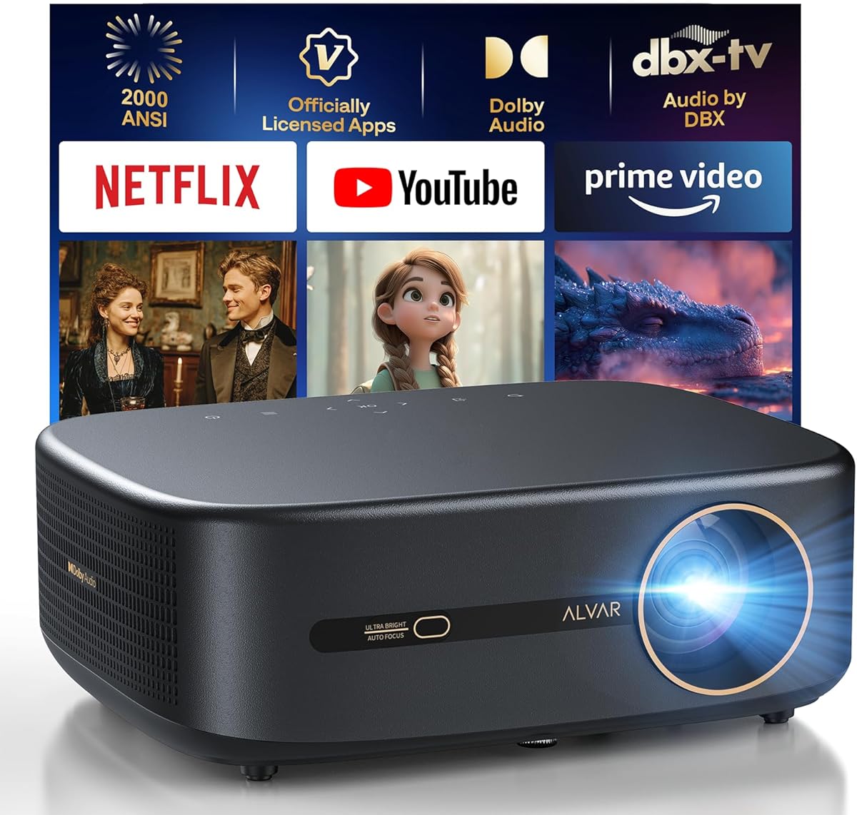 [2000 ANSI/4K Support/DoIby Audio & DBX-TV] Alvar Smart Projector with WiFi 6 and Bluetooth 5.3, 50W Speakers, NetfIix Certified Outdoor Movie Projector, Auto Focus & Keystone, Native 1080P, Black