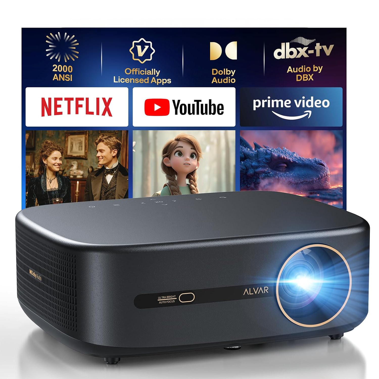 Alvar Smart Projector 2026 Upgraded 2000 ANSI 4K Supported Built in NetfIix App DoIby Audio 50W Speakers Auto
