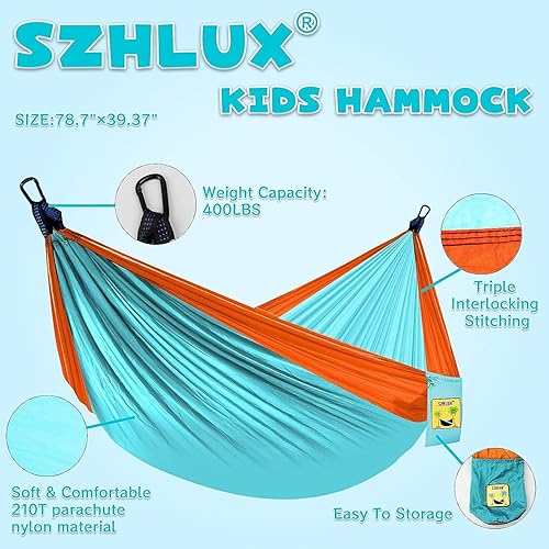 Miniatura 5 de SZHLUX Hamaca para niños, equipo de campamento para niños, accesorios de campamento con 2 correas de árbol y mosquetones para uso en interiores y