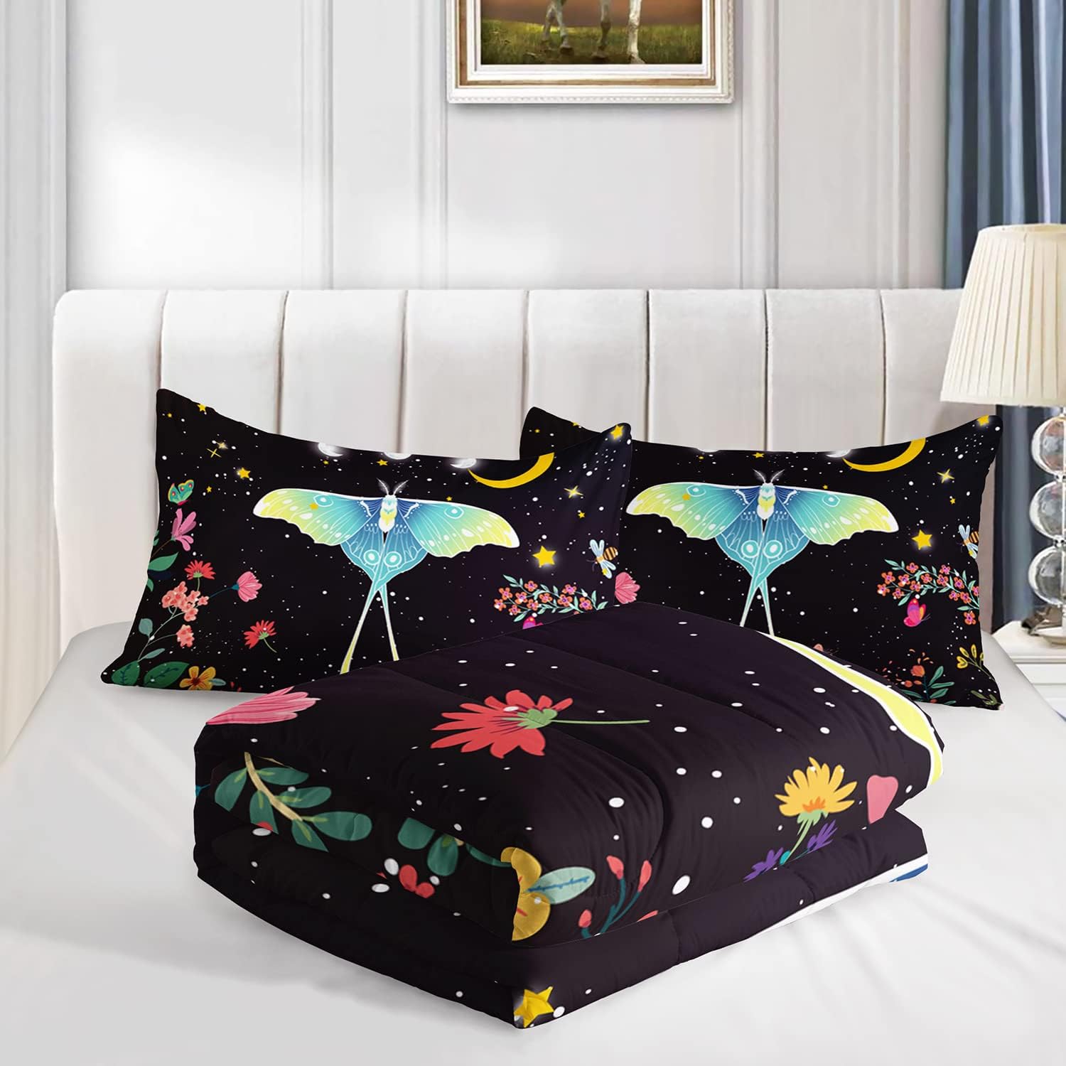 CVHOUSE Sun and Moon Comforter Set Queen Size, Death Moth with Flowers Pattern Bedding Set for Girls Adult Women Teen,3 Pieces,1 Quilt and 2 Pillowcases,Soft,Breathable