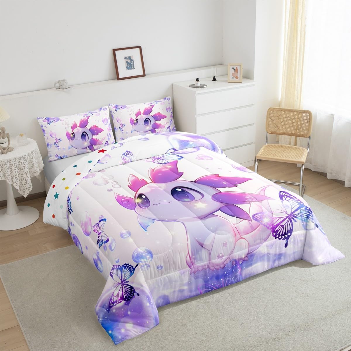 Erosebridal Kawaii Axolotl Girls Toddler Bedding Set Cute Axolotl Comforter Set for Kids Teen Women,Cartoon Ocean Animal Butterfly Down Comforter Ocean Sealife Quilt Set