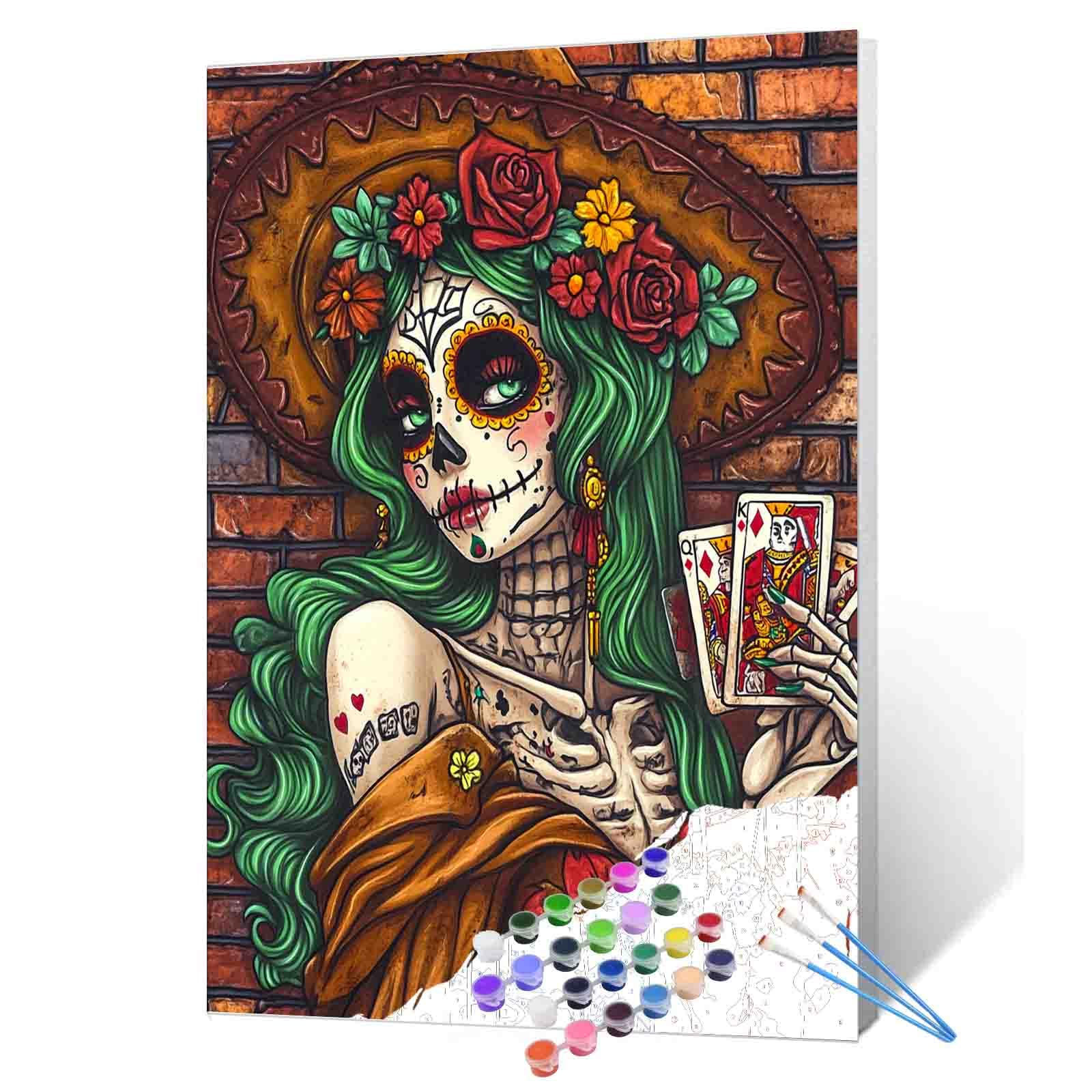 Day of The Dead Woman Paint by Number for Adults Beginner Beautiful Women Paint by Number Kit on Canvas Sugar Skull Acrylic Paintwork for Home Wall Decoration and Gifts 16x20 Inch (Frameless）