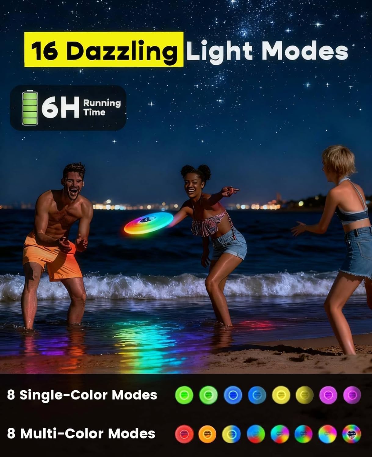 Xeuch Paquete de 2 discos voladores iluminados, disco brillante con 30 LED RGB, 16 modos de luz, 4 brillo, tiempo de reproducción de 6 horas, temporizador y sensor integrados, 175 g, regalos de