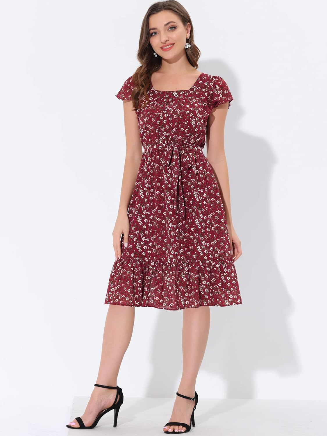 Allegra K Women's Midi Floral Chiffon Dress Flutter Sleeve Belted Square Neck Ruffled Dress - Image 5