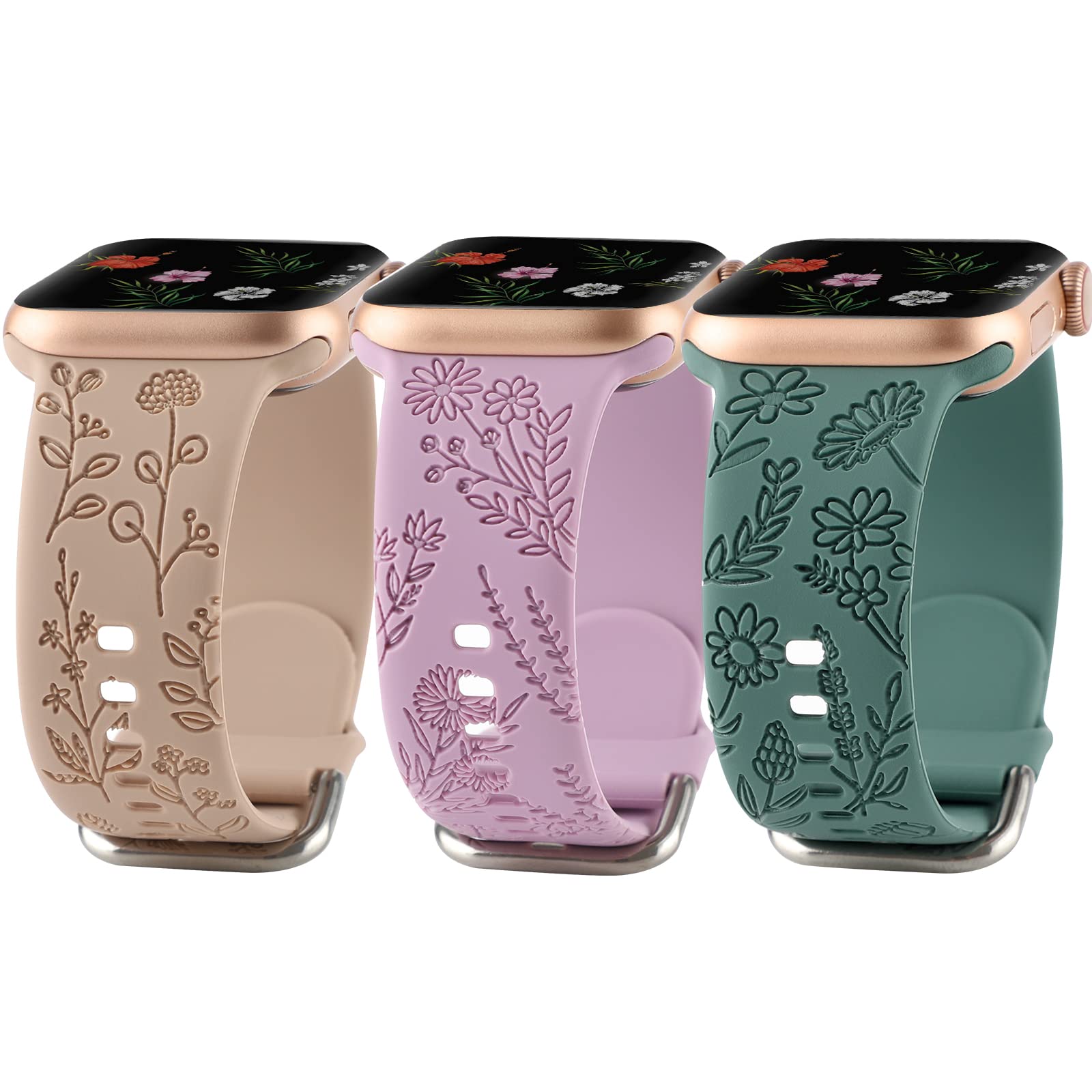 Floral Engraved Sport Bands Compatible with Apple Watch Band 38mm 40mm 41mm, Women Cute Flower Pattern Soft Silicone Strap Smartwatch Wristband Accessories for iWatch Series 8 7 6 5 4 3 2 1 SE