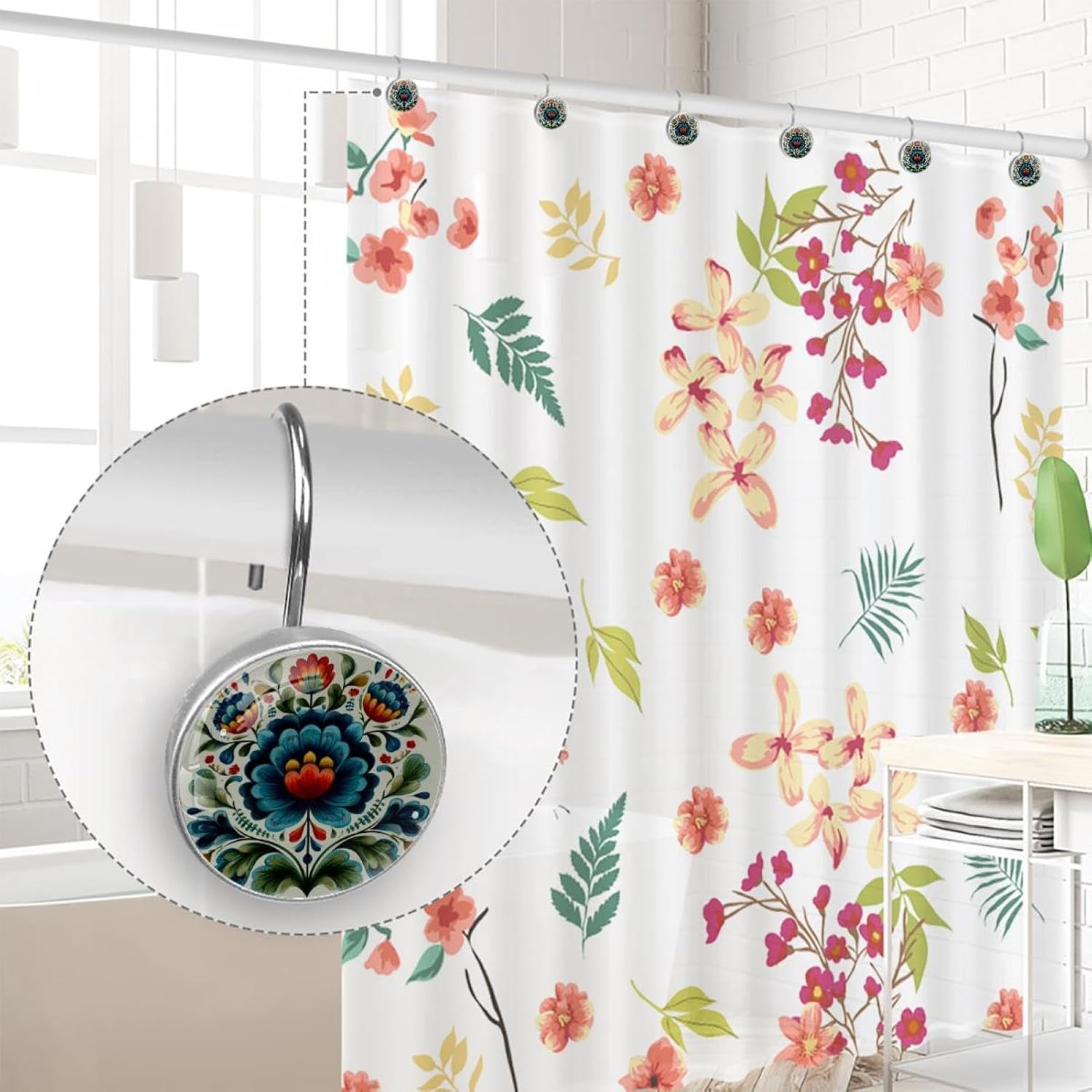 12pcs Norwegian Rosemaling Folk Style Flower (33) Shower Curtain Hooks, Shower Curtain Hanger Rings Roller, Stainless Steel Round Shower Rings Hangers for Bathroom