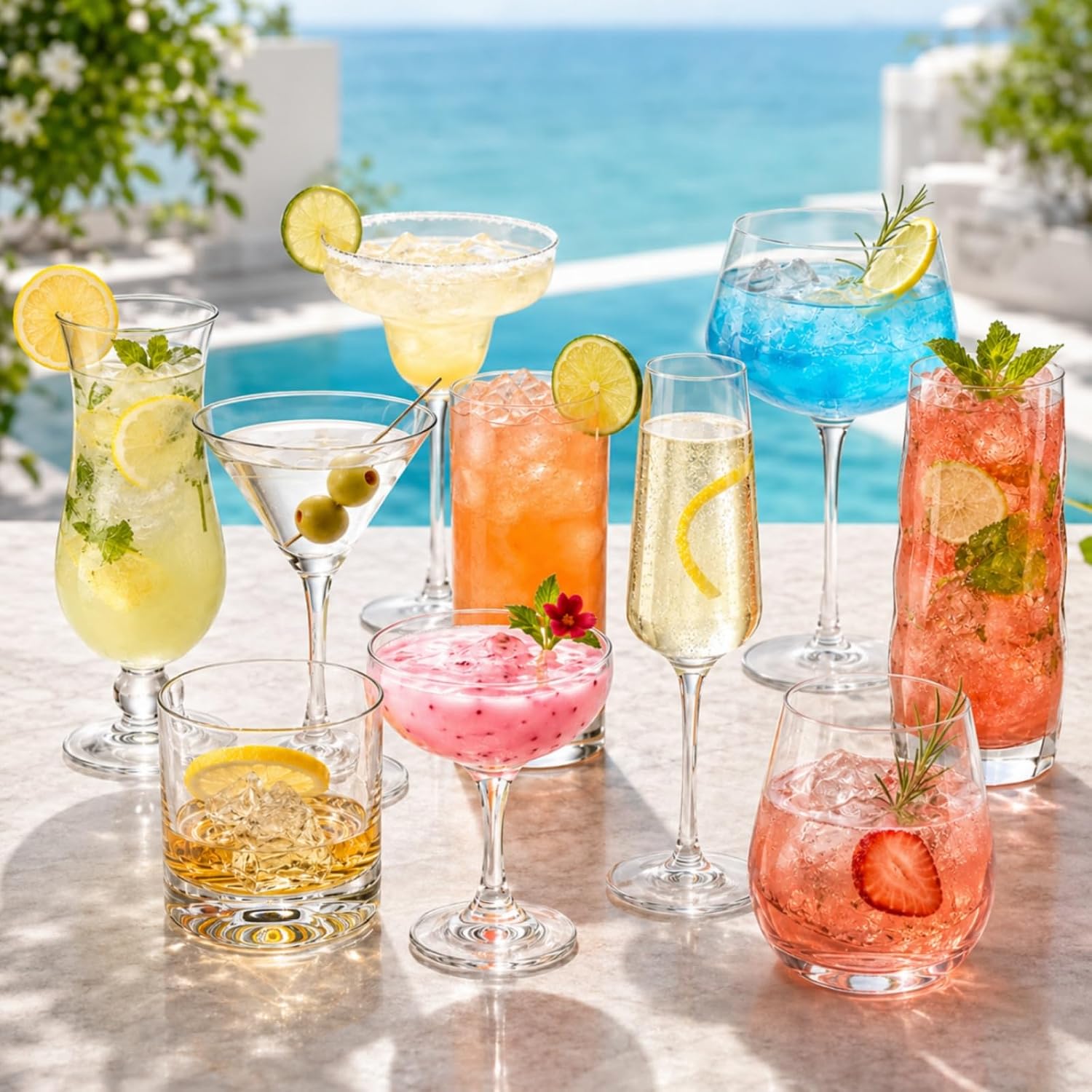 LemonRoad 10 Set Mixed Drinkware Cocktail Glasses Set Mixed Drink Cocktail Martini Whiskey Highball Margarita Hurricane Coupe Glasses Gift for Home Bar Party Accessory (Whiskey Bar Kit)