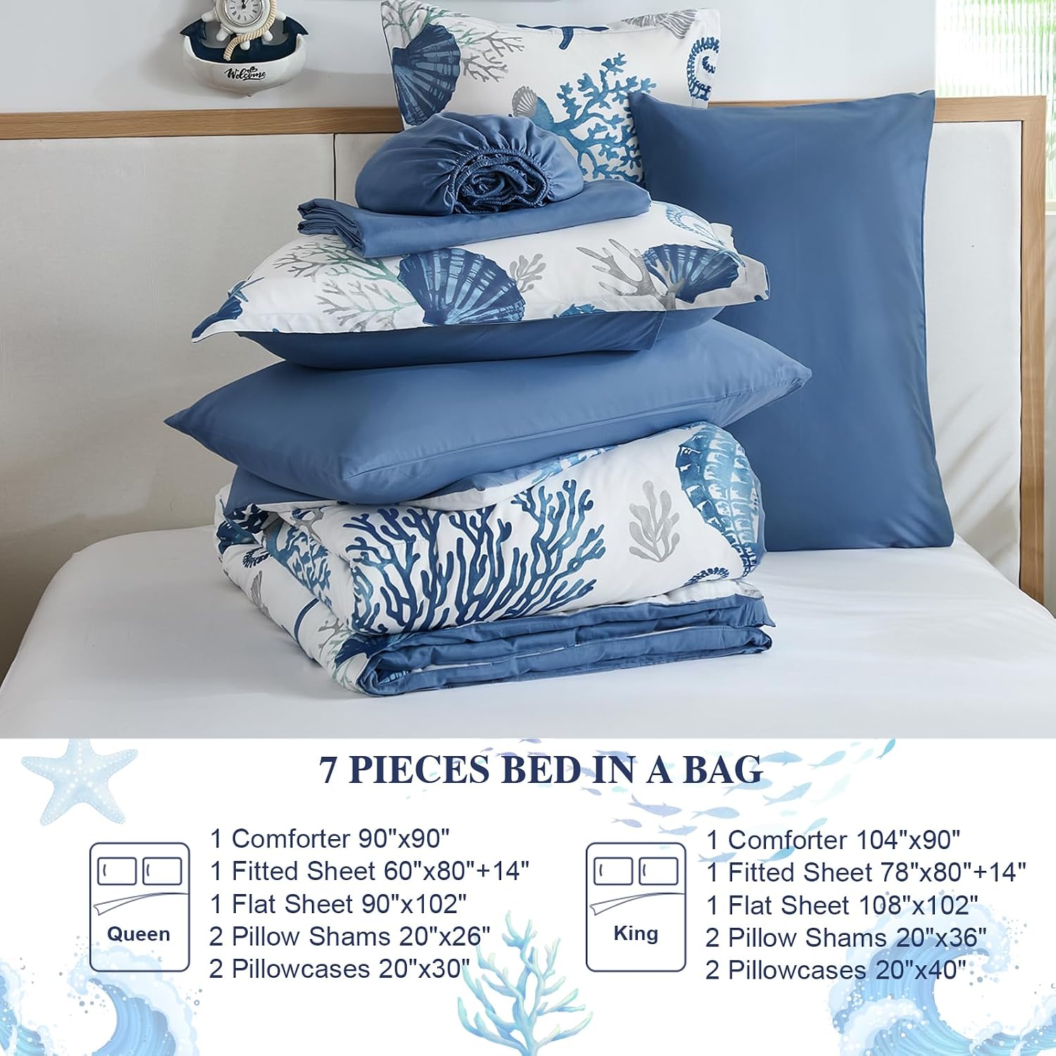 Anibedding Coastal Queen Comforter Set 7 Piece, Soft Beach Themed Comforter, Summer Ocean Nautical Bed in a Bag Lightweight Blue Bedding Sets for All Season 90''x90''