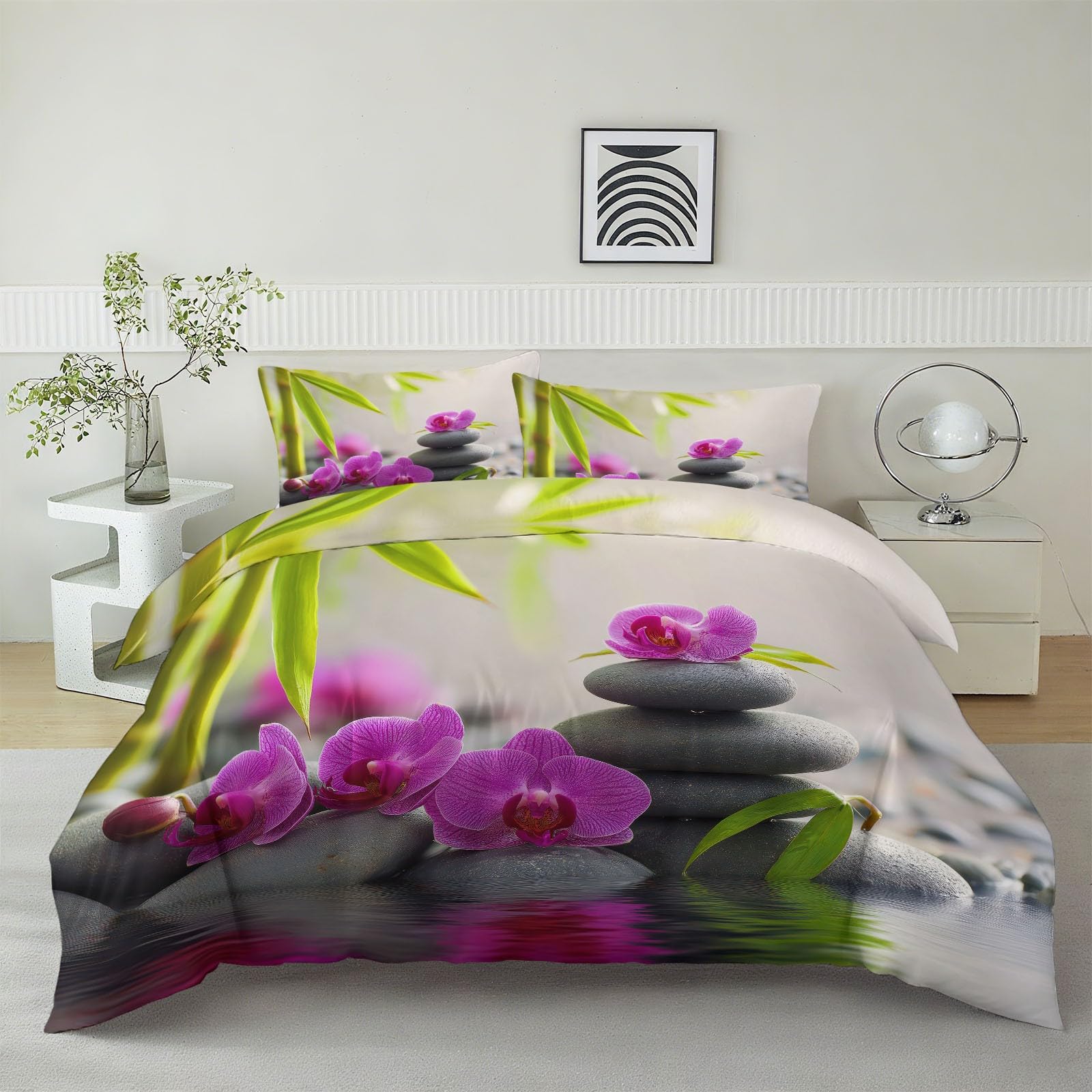 Zestaw pościeli z mikrofibry 220 x 240 cm Orchidea Krajobraz Bambus I Kamienie Dwustronne Miękkie Łatwe w Pielęgnacji Pościel Poszwa na kołdrę Zestaw pościeli z poszewką na poduszkę, kremowy