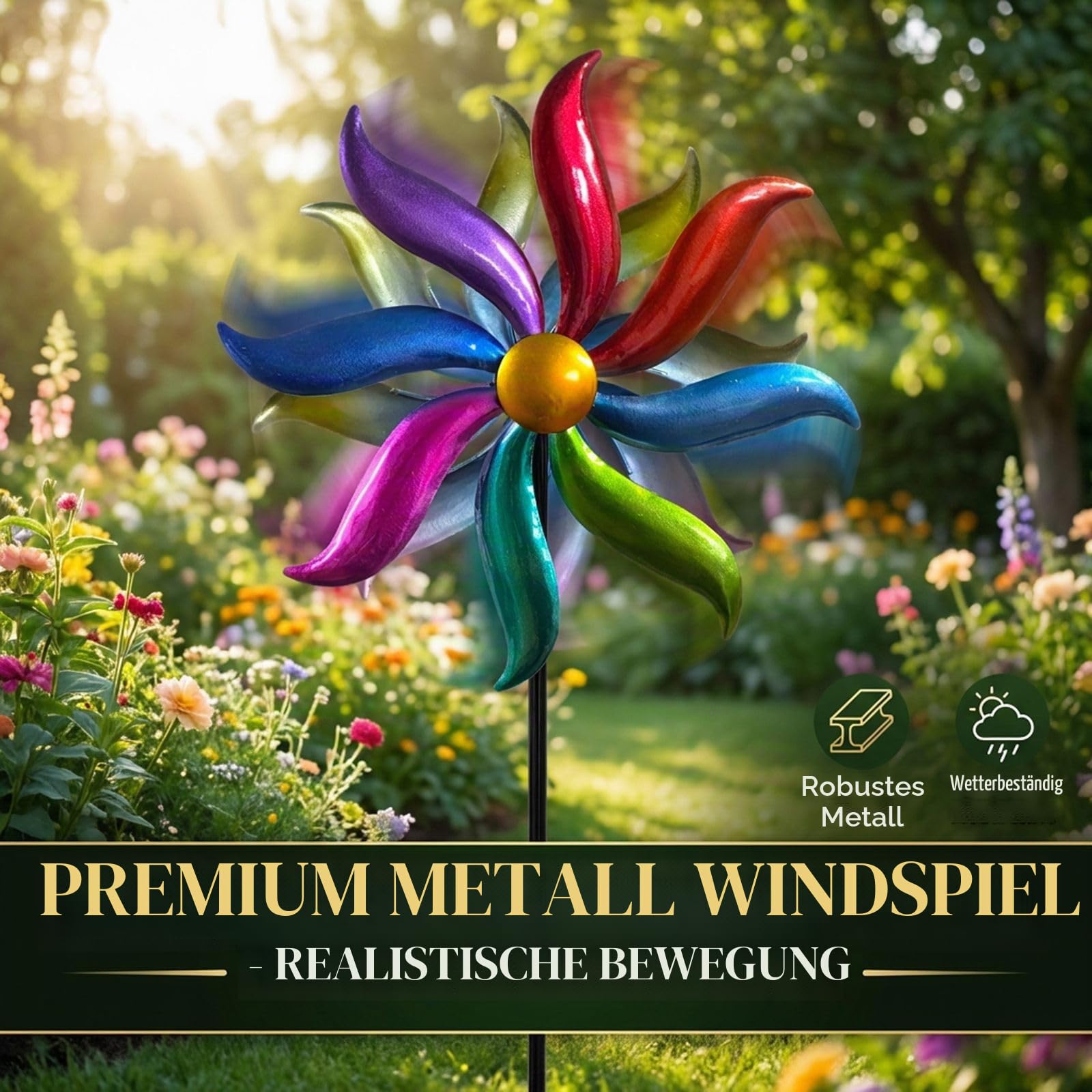 Kremers Schatzkiste Windrad Garten Metall bunt kugelgelagert Windspiel Ø 30 cm / 120 cm mit Erdspieß | Wetterfeste Gartendeko für Beet, Rasen & Terrasse | Vogelabwehr