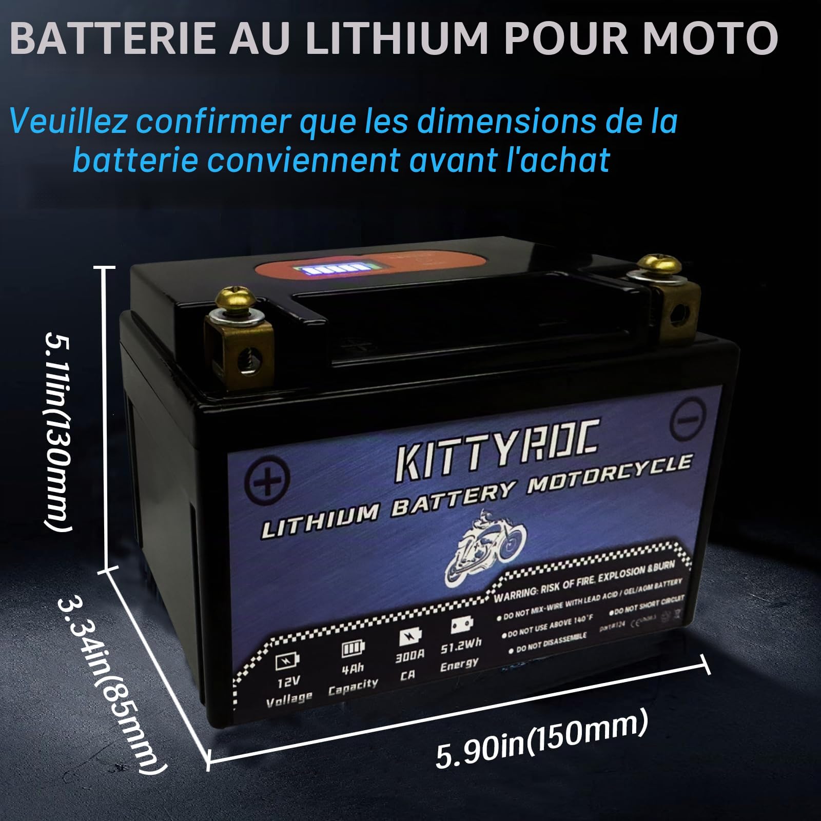 12V Lithium Moto Batteries 4Ah 300A, batterie LiFePO4 avec Smart BMS, Replacement ATV, UTV, Moto, Jet Ski, Snowmobile, 4 roues, Tracteur, Tondeuse à gazon,scooter, jet ski, Motoneige