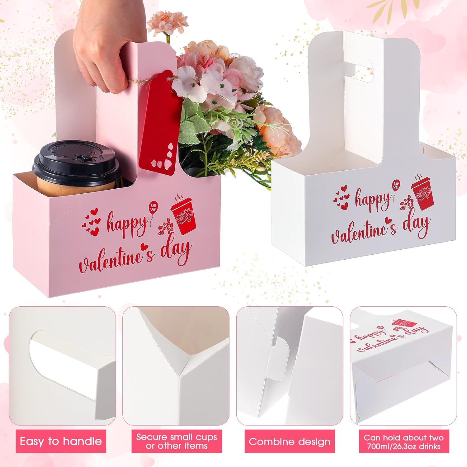 30 Set 2/4 Cups Drink Carrier with Handle, 12-30 oz Kraft Paperboard Coffee Cup Holder for Cold Hot Drinks, Takeout Beverage Delivery for Valentine(Valentine Style,7 x 3 x 9 Inch,White Pink) - Image 3