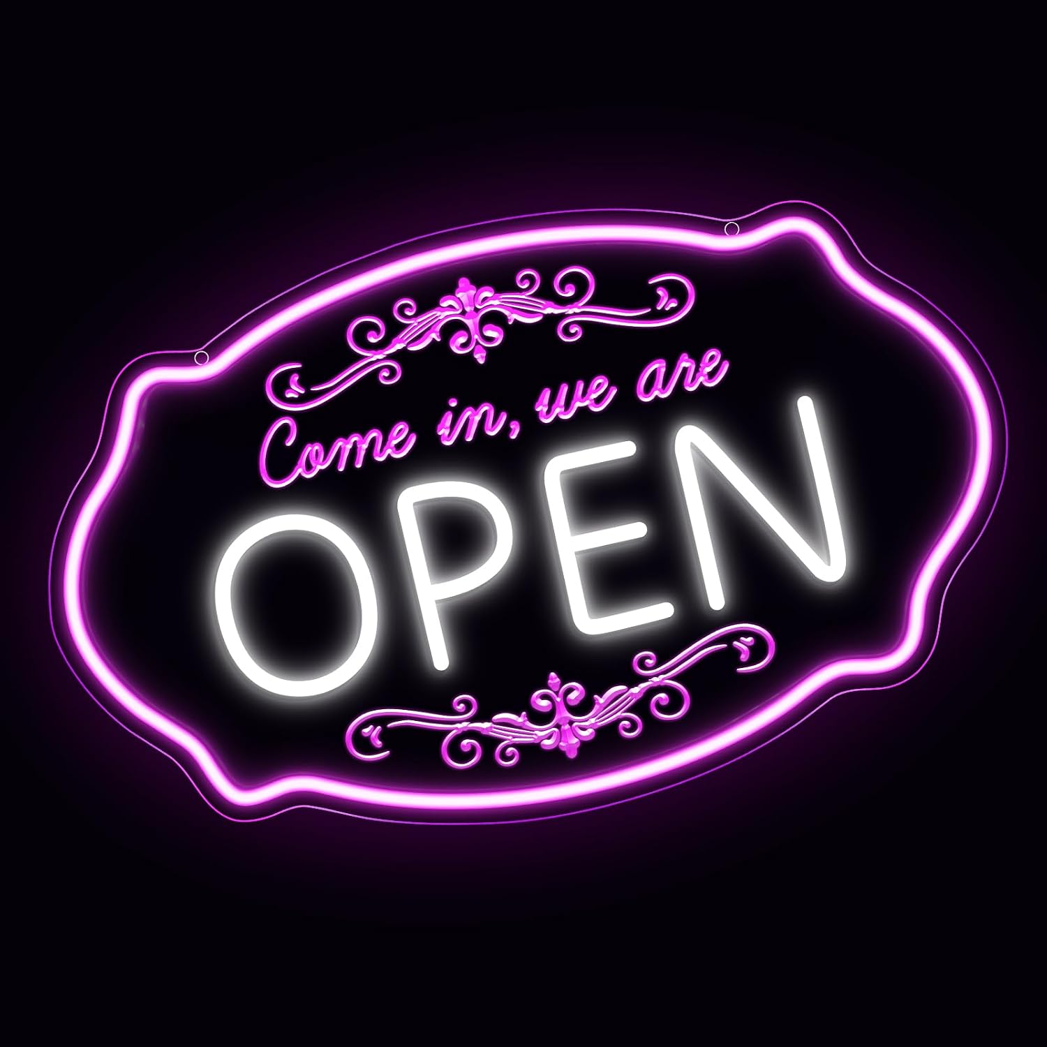 LED Neon Open Sign for Business, 16.5x10'' Come in We’re Open Sign, Pink&White Adjustable Brightness Neon Lights for Party, Bar, Salon, Stores, Hotel, Wall Decor, Clubs, Hotels